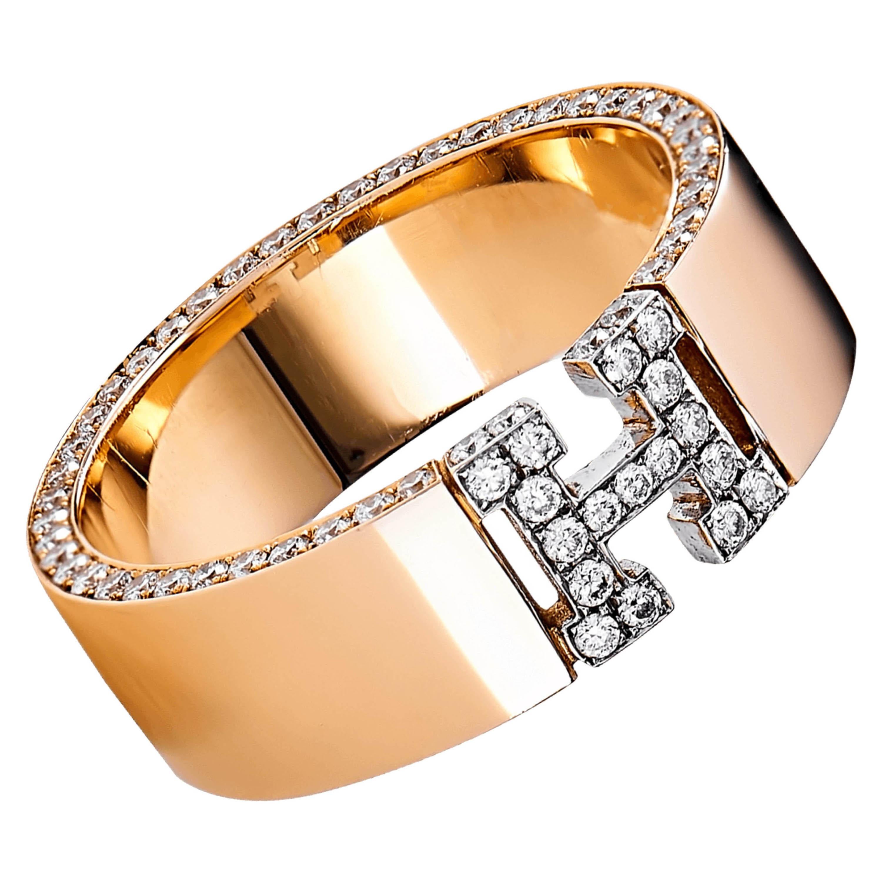 For Sale:  Wedding Band 18 Karat Rose Gold White Diamonds Initial H Ring