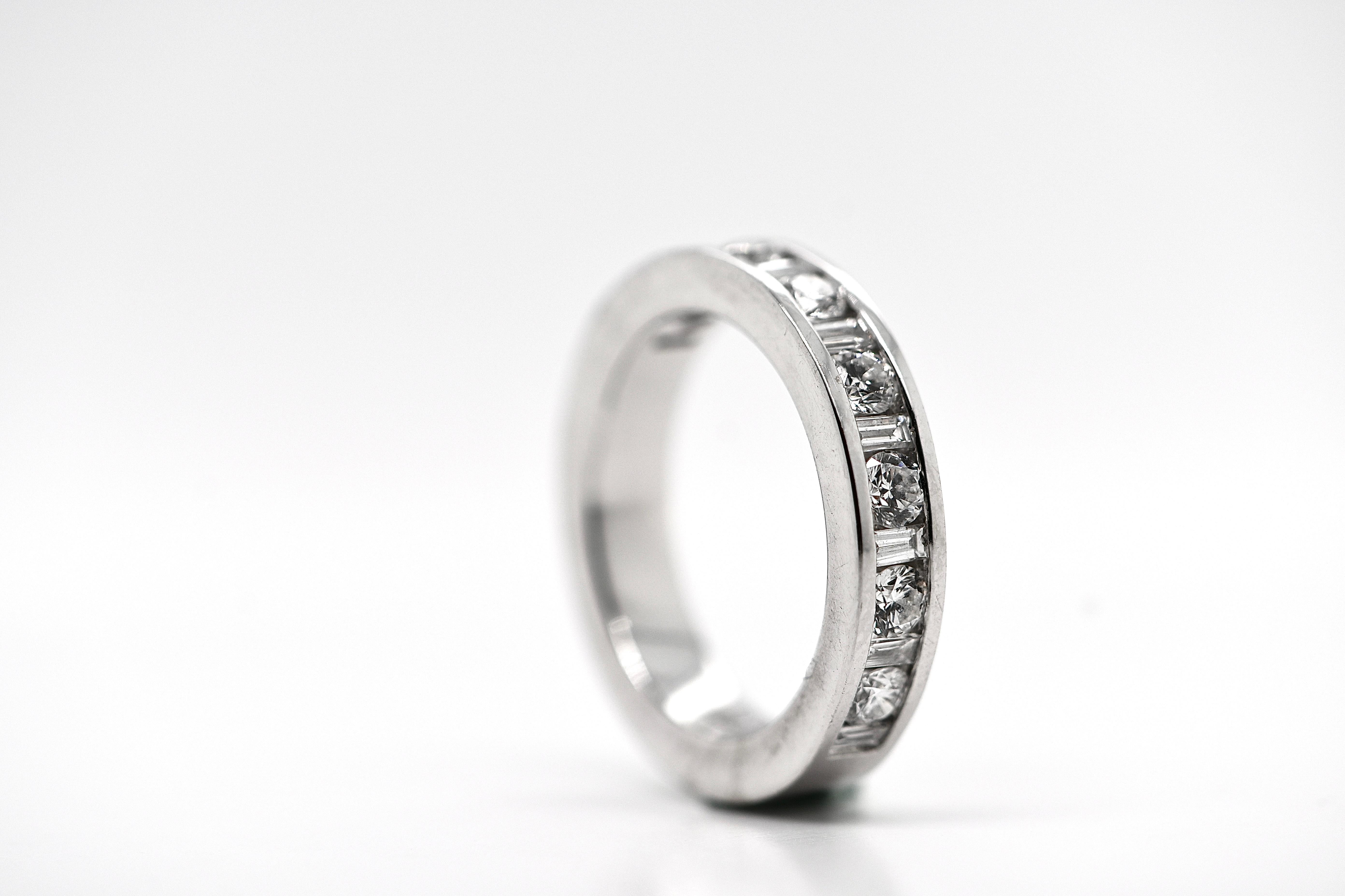 Baguette Cut Wedding Band  18 Karat White Gold 1 Karat Diamonds For Sale