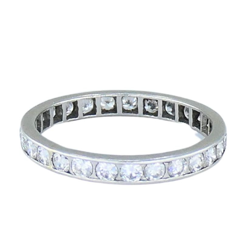 Round Cut Wedding Band Platinum Diamond Eternity Ring 1960s Estate Jewelry Size 10 For Sale