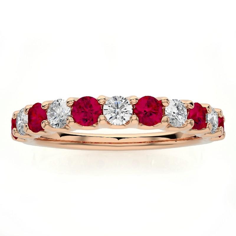 Wedding Band Ring 1981 Classic Collection with Diamonds & Ruby in 14K Rose Gold For Sale