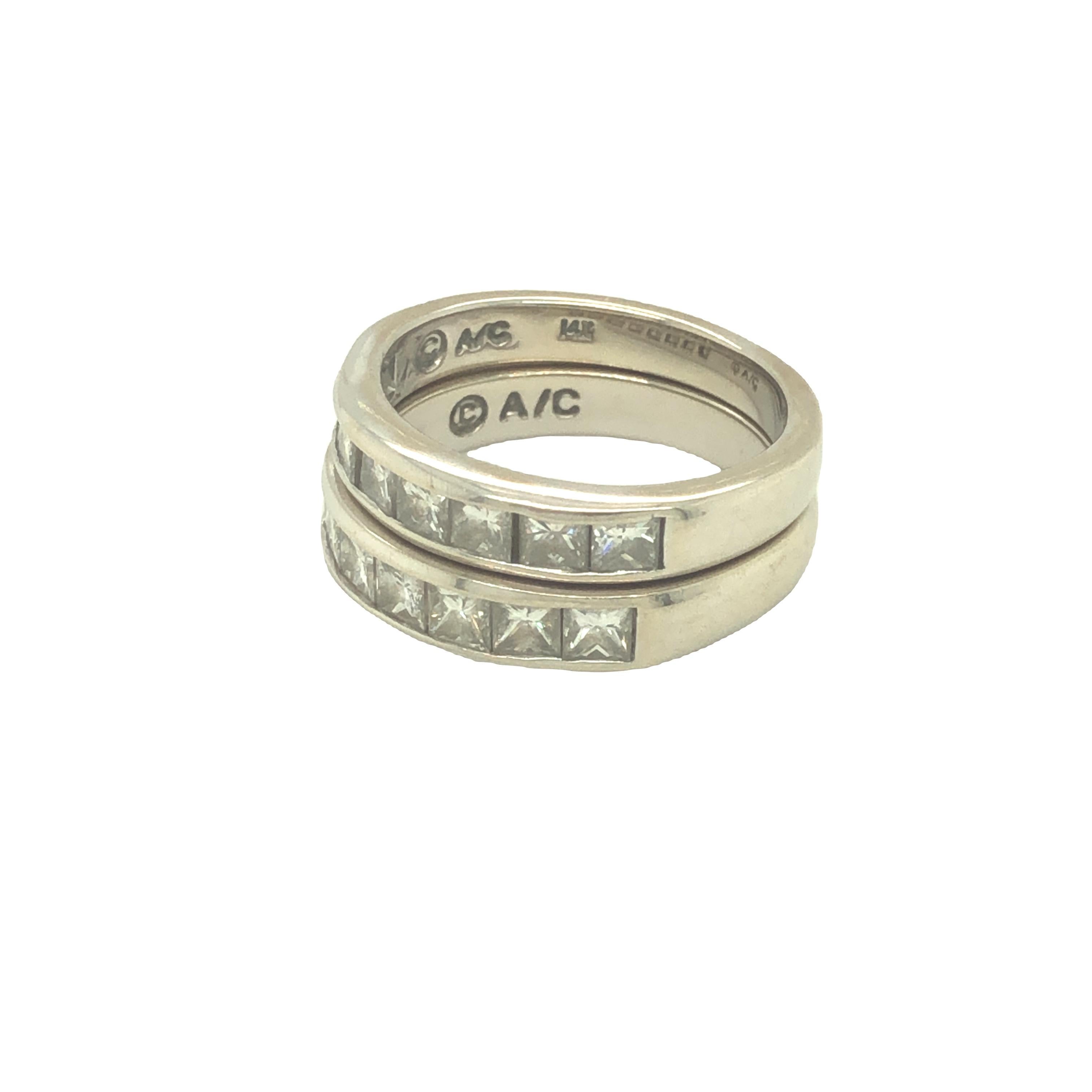Hochzeitsring-Set – Paar Diamant-Ehering aus 14 Karat Weißgold mit Prinzessinnenschliff (Art déco) im Angebot
