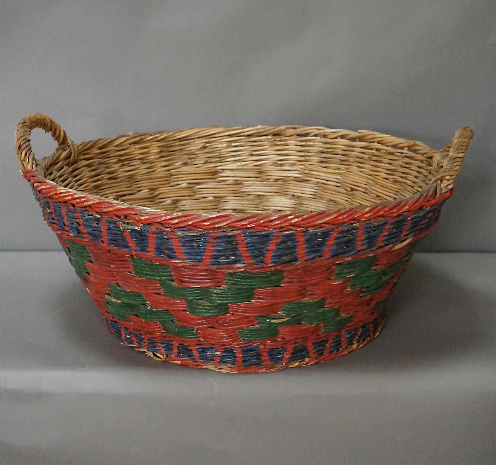Wedding basket in red, blue and green paint, Schwalm region, Germany, circa 1850. handwoven and hand painted, these baskets were gifts to the bride and used in the wedding ceremony to carry her dowry.