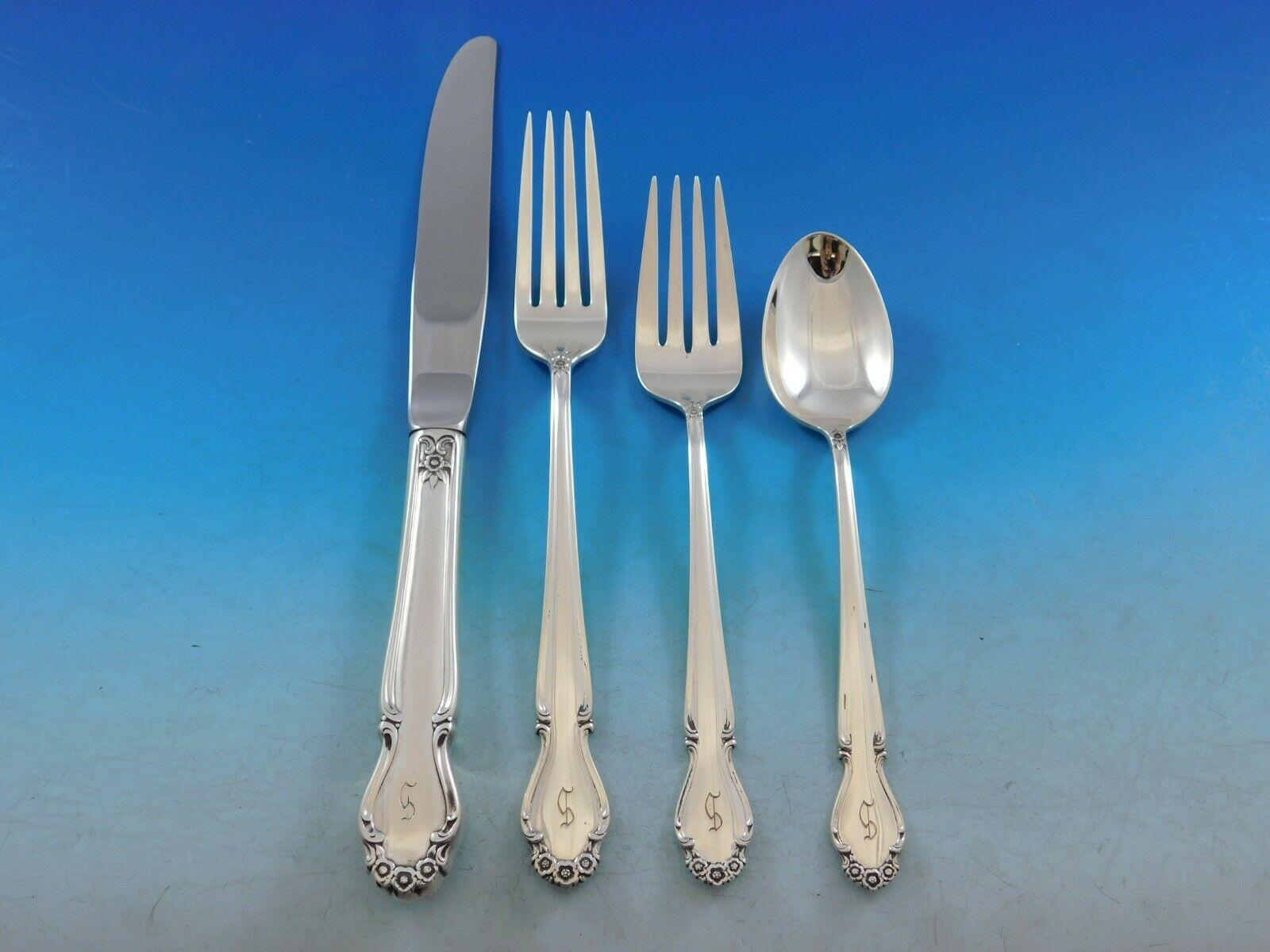 Wedding Bells by International Sterling Silver Flatware Set Service 61 Pc S Mono In Excellent Condition For Sale In Big Bend, WI