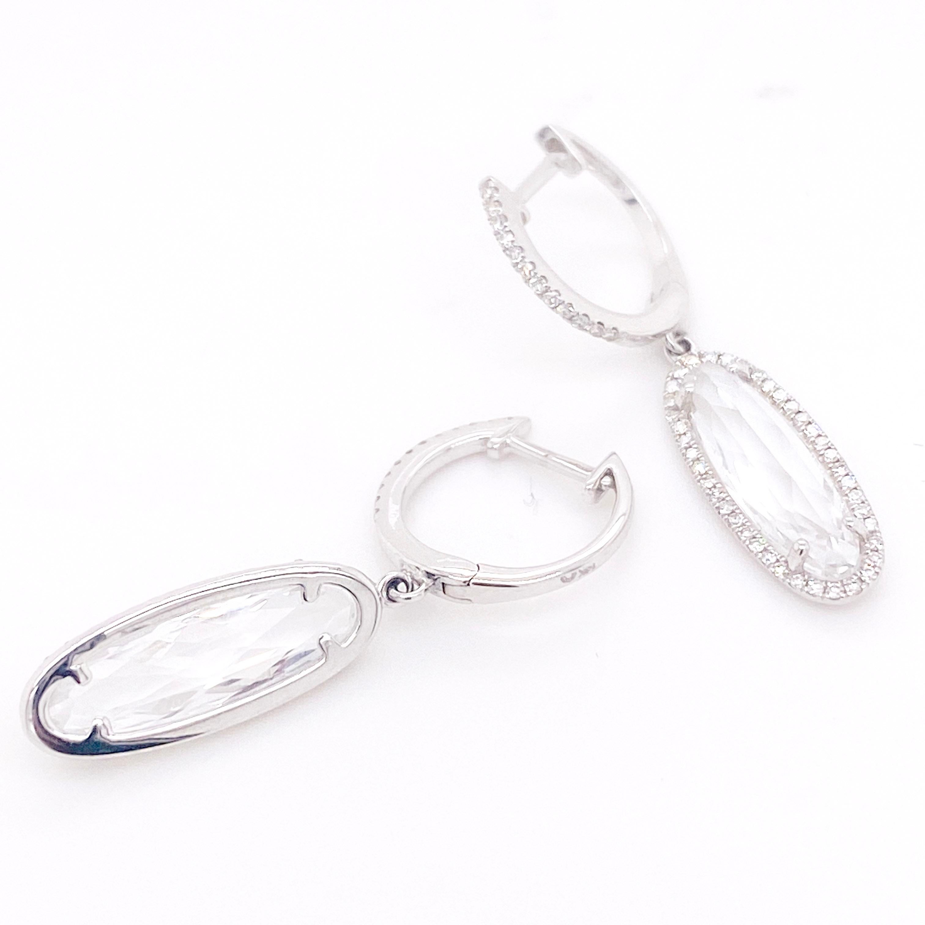 Contemporary Wedding Dangle Earrings, Diamonds White Gold, Oval White Topaz, Leverback Clasp For Sale