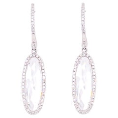 Wedding Dangle Earrings, Diamonds White Gold, Oval White Topaz, Leverback Clasp 