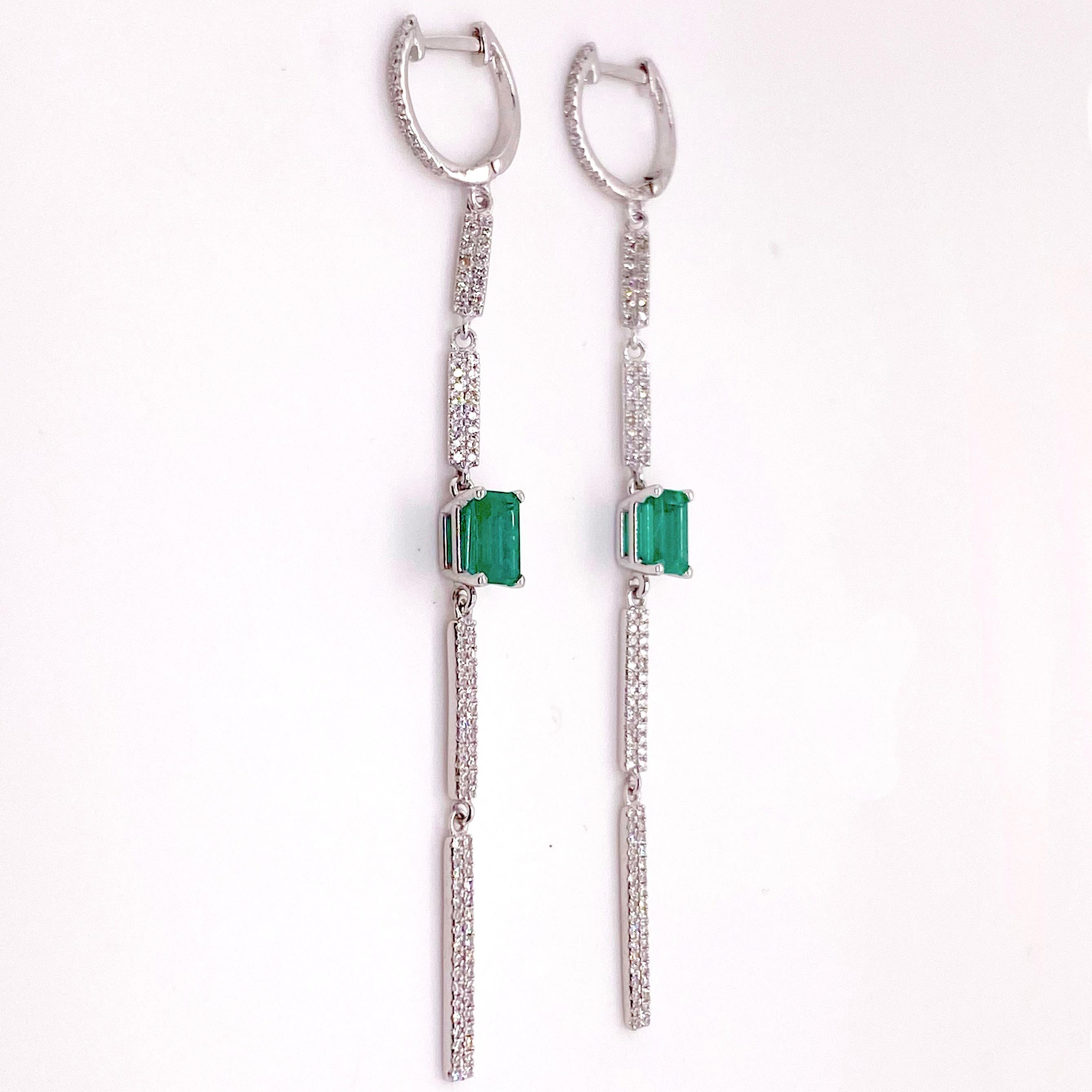 Emerald Cut Wedding Earrings Emerald Diamond Earrings, Pave Diamond Bar Dangle Earrings For Sale
