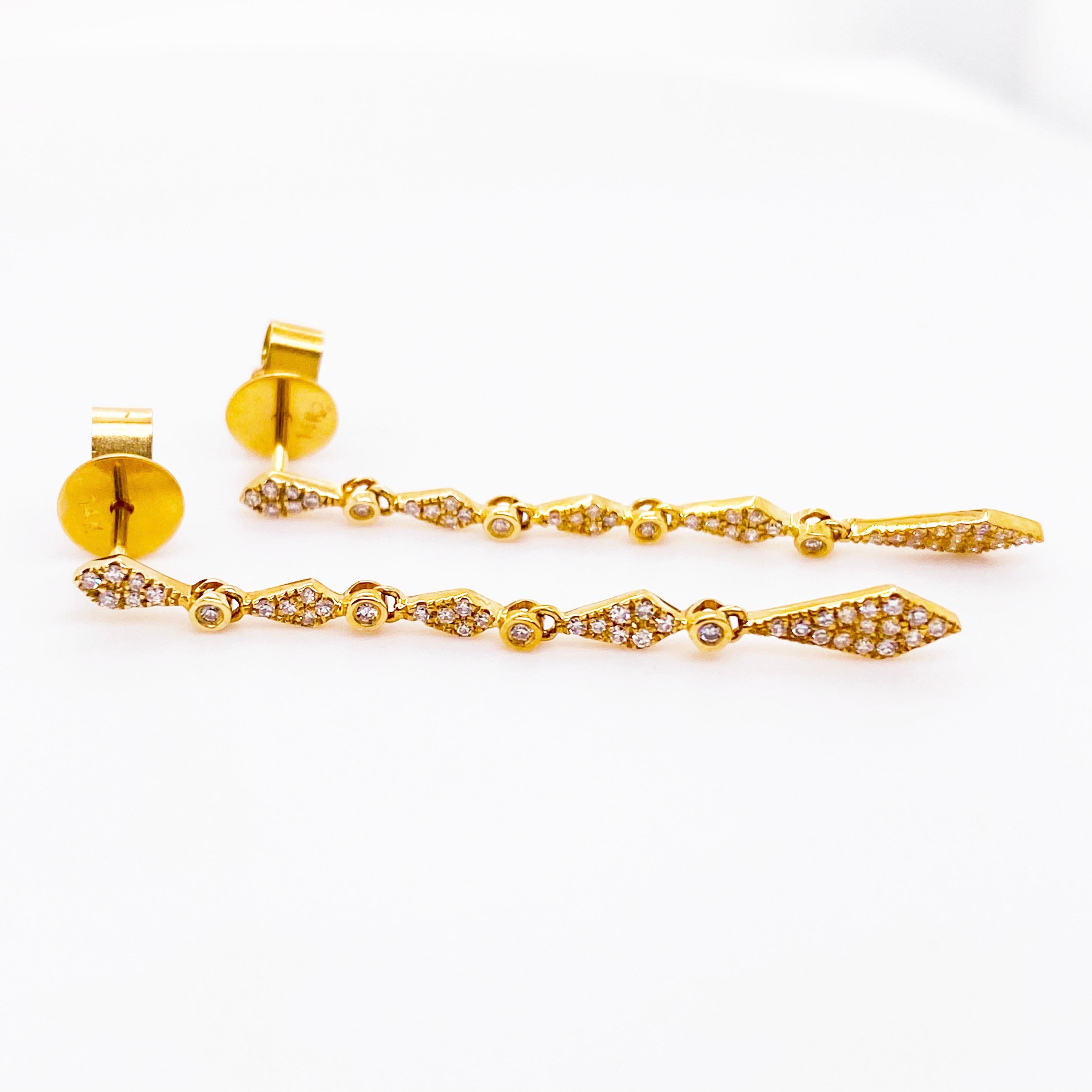 Joyas de Boda, Pendientes Colgantes de Diamantes de Oro Amarillo de 14K, Diamantes Pave, 42 Dia. Contemporáneo