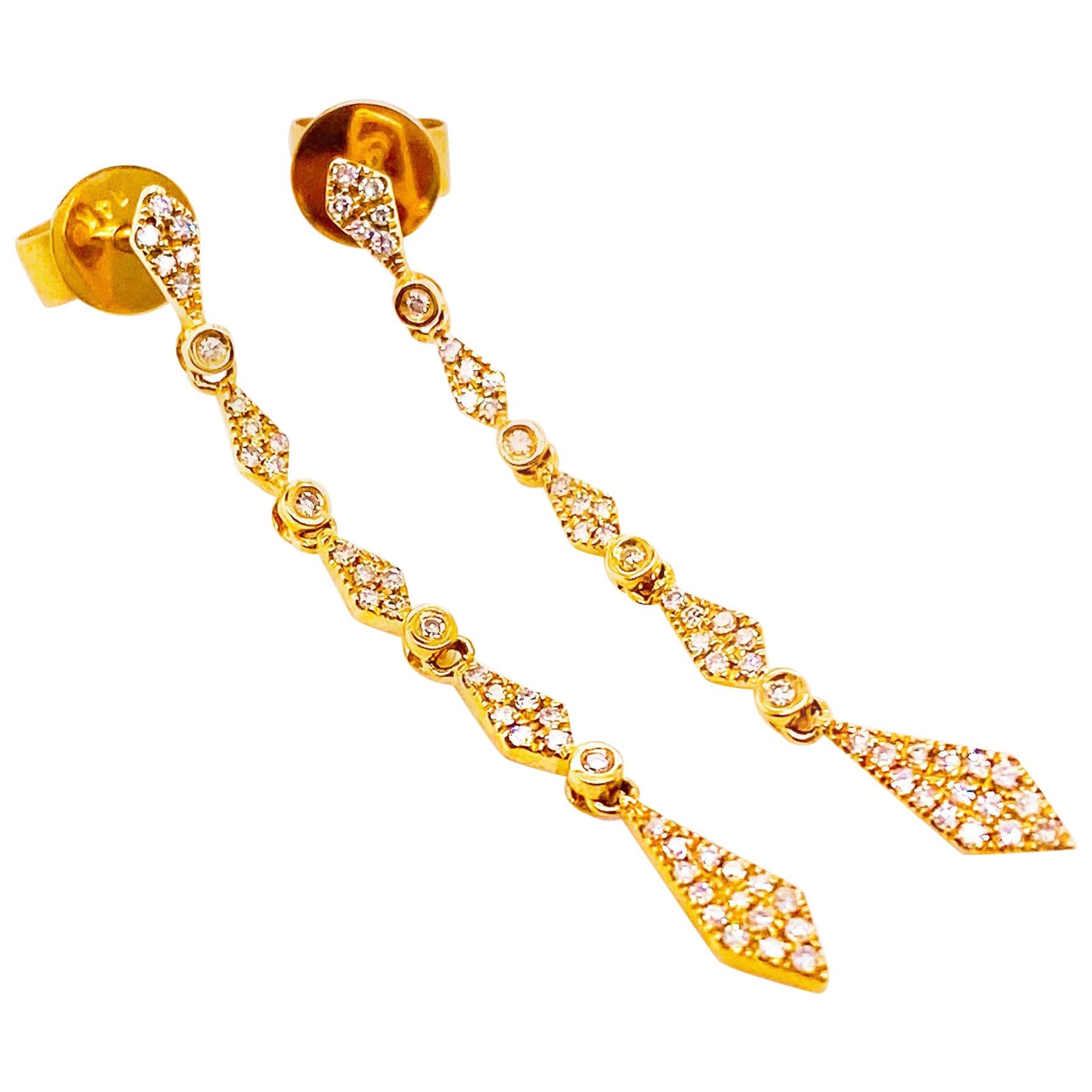 Joyas de Boda, Pendientes Colgantes de Diamantes de Oro Amarillo de 14K, Diamantes Pave, 42 Dia.