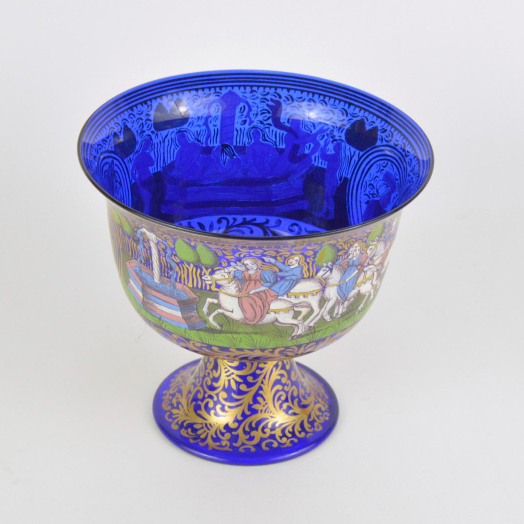 Wedding cobalt glass cup with enameled decoration. Designed by Albertini Spezzamonte, Murano (Italy), 1950s-1960s. It is an original copy made by Murano artists for the famous wedding cup produced in 1470 and exhibited at the Glass Museum of Murano,