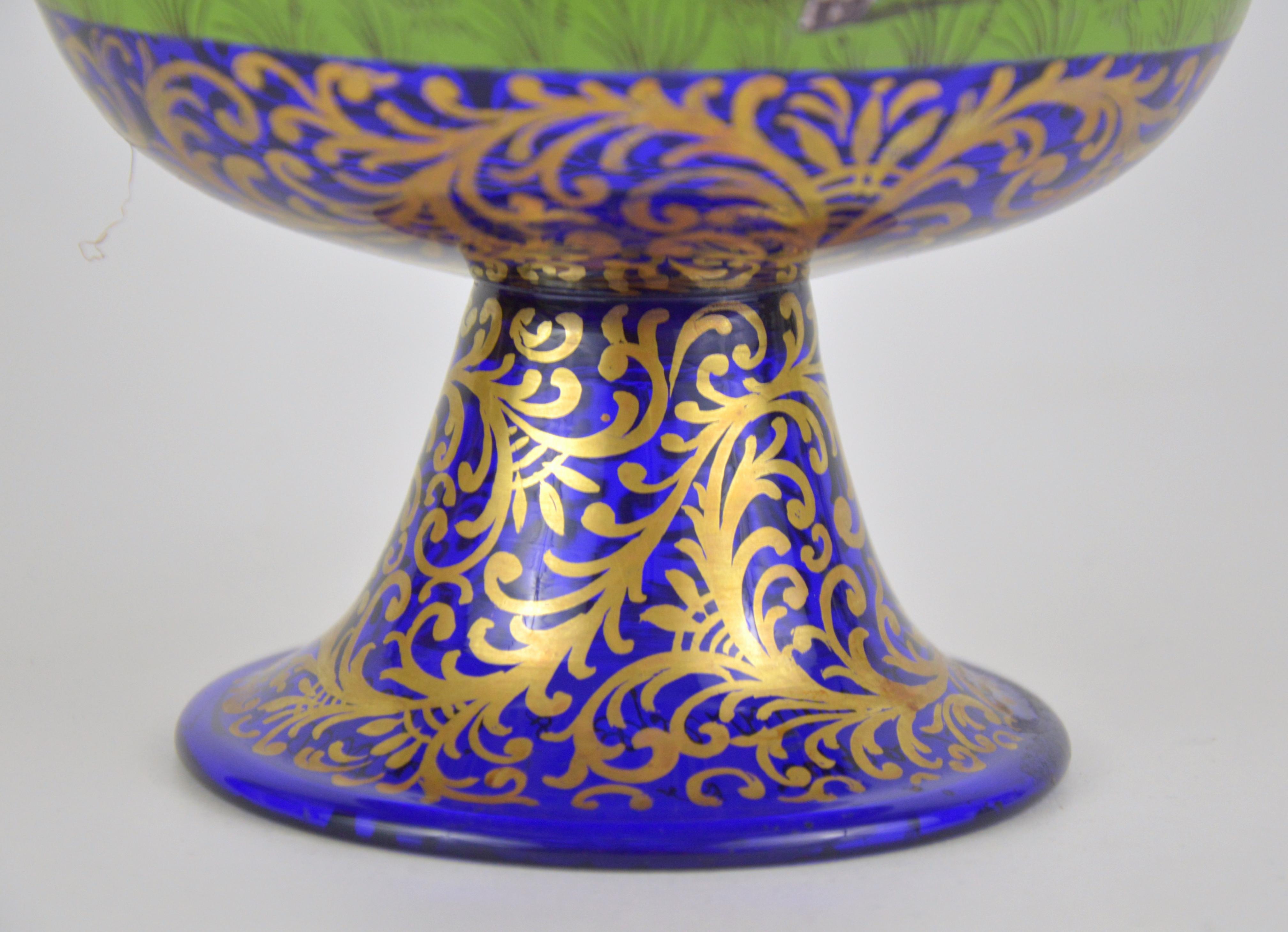 Belgian Wedding Murano Cobalt Glass Cup with Enamelled Decoration Albertini Spezzamonte For Sale