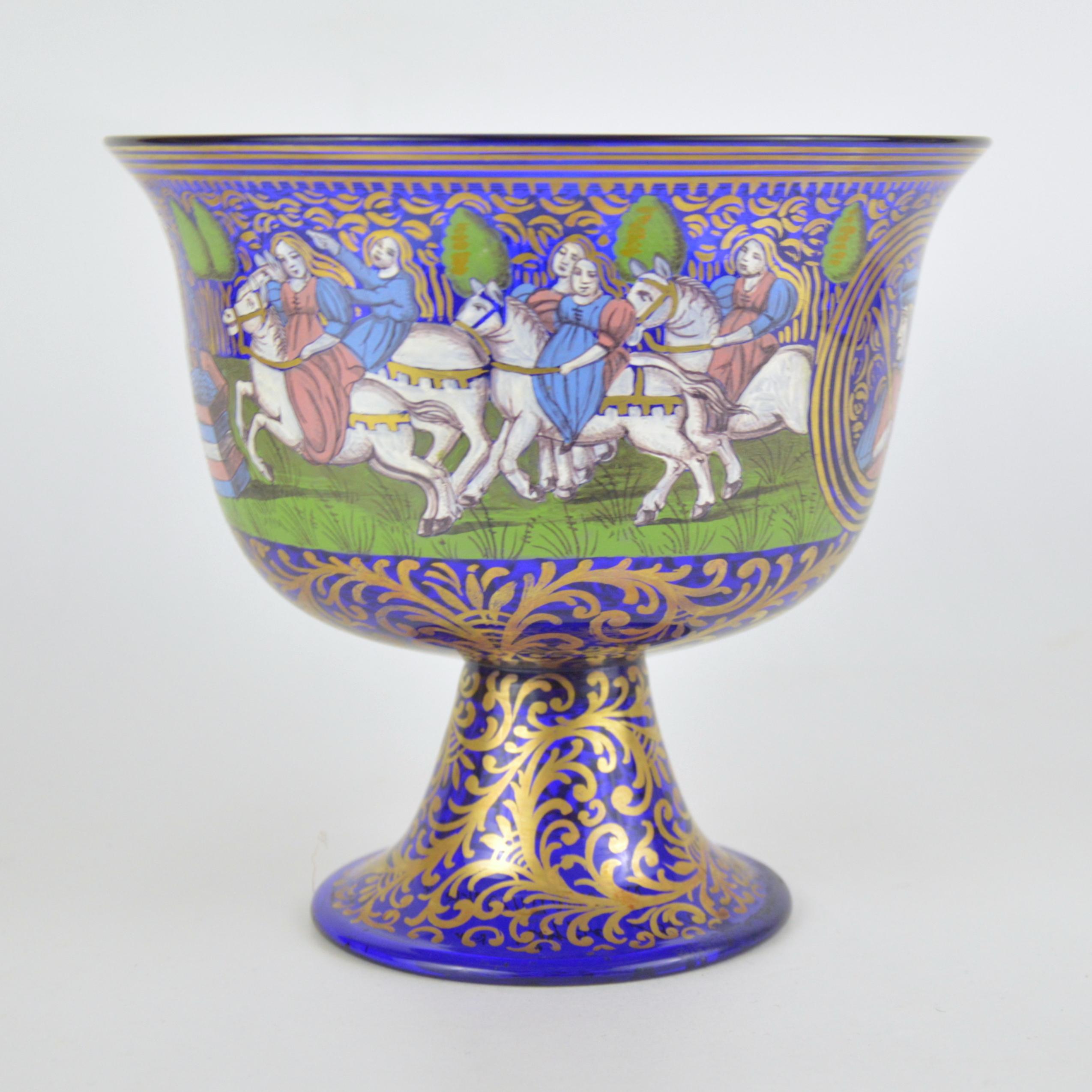 Mid-20th Century Wedding Murano Cobalt Glass Cup with Enamelled Decoration Albertini Spezzamonte For Sale