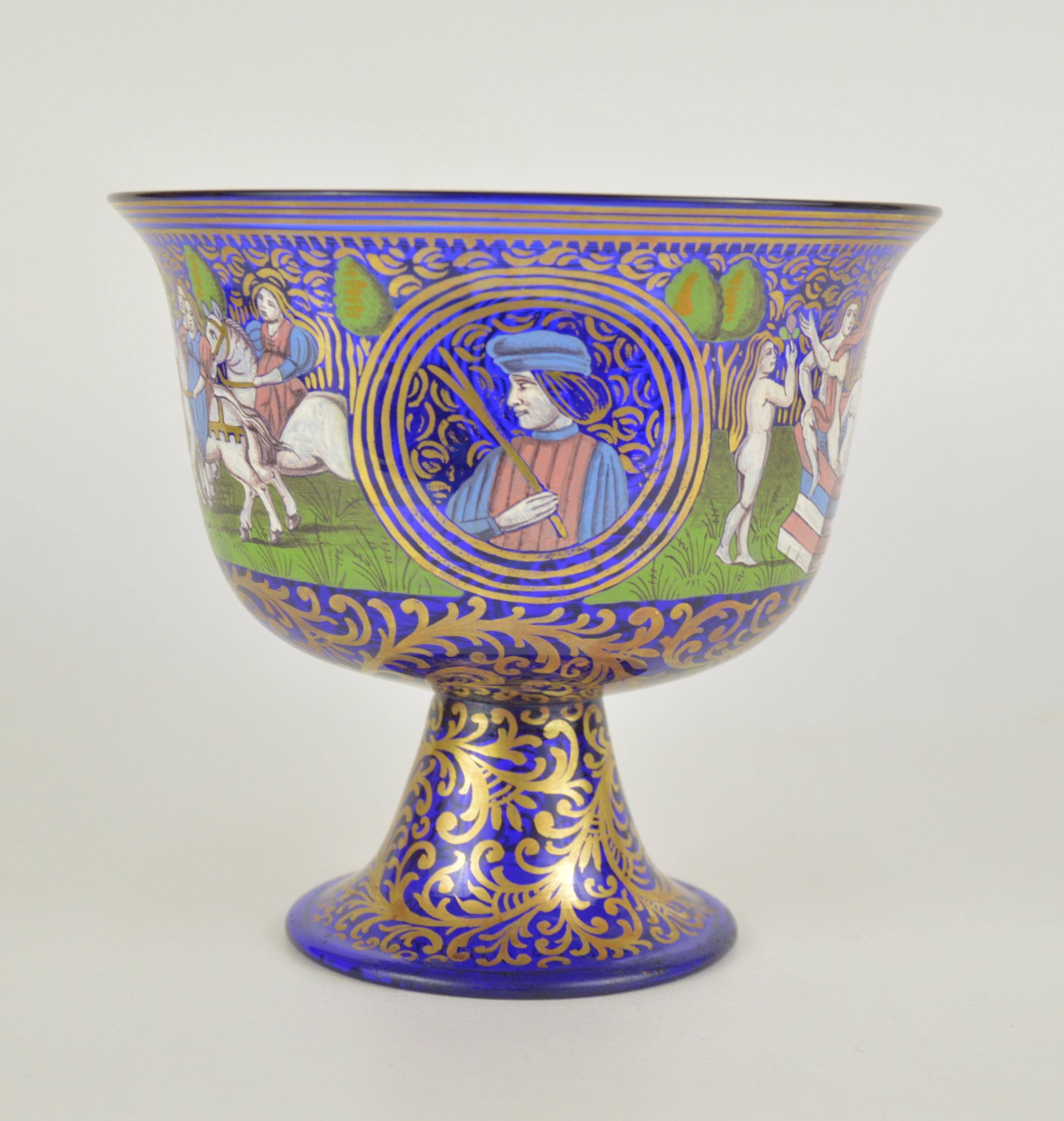 Art Glass Wedding Murano Cobalt Glass Cup with Enamelled Decoration Albertini Spezzamonte For Sale
