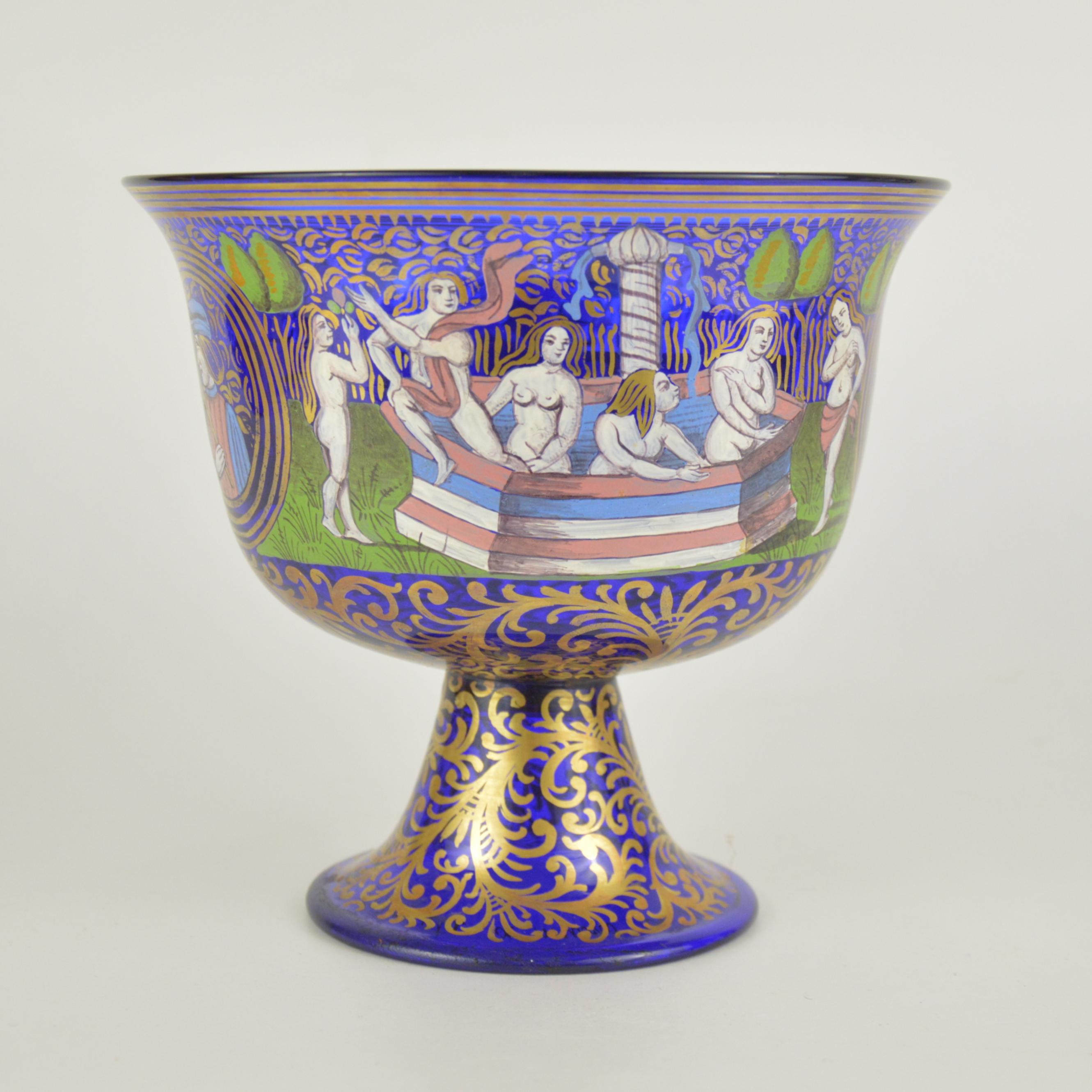 Wedding Murano Cobalt Glass Cup with Enamelled Decoration Albertini Spezzamonte For Sale 1