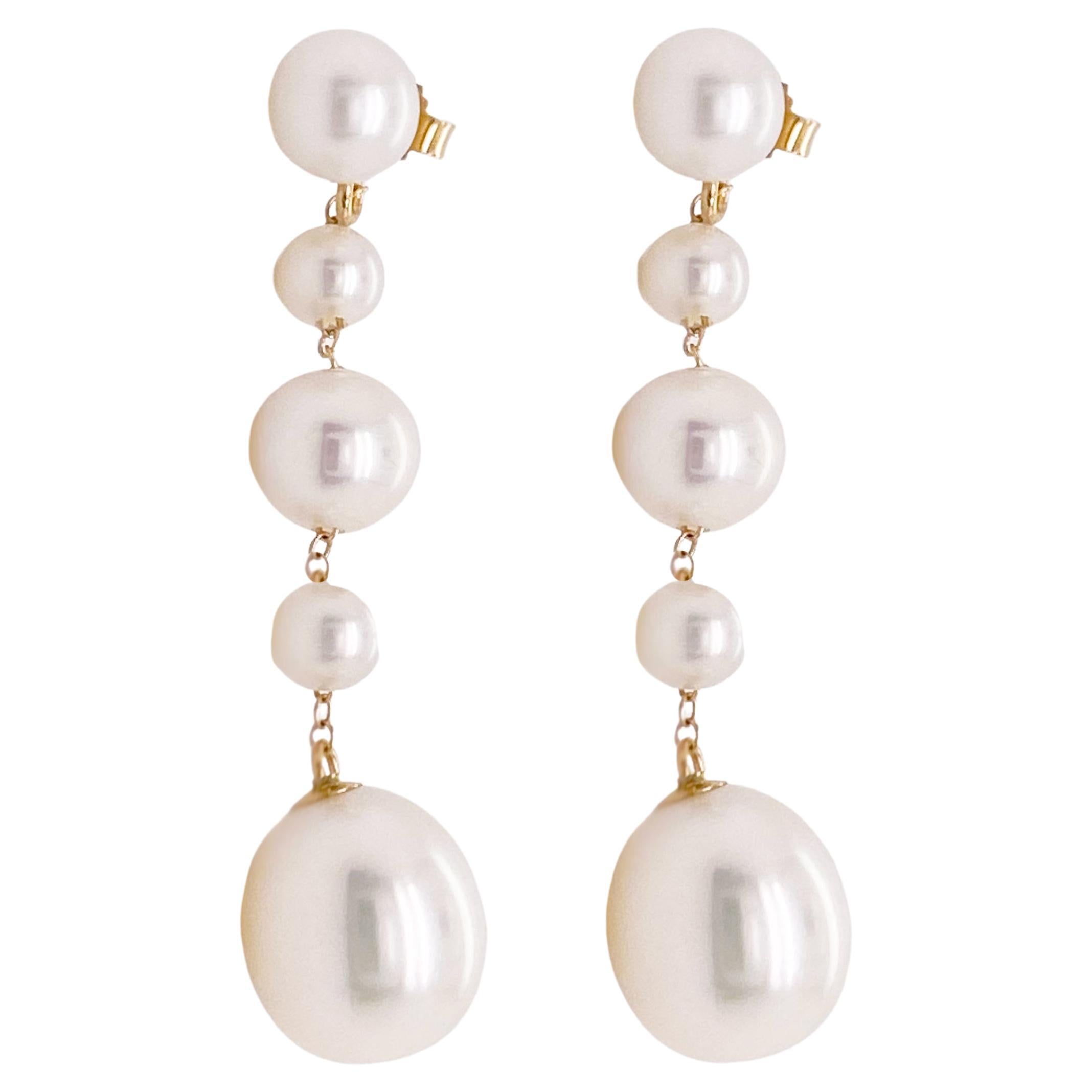 Wedding Pearl Earrings, 5 Pearls w 14 K Gold Between, Wedding Statement Earrings For Sale