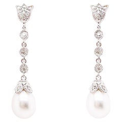 Wedding Pearl Earrings w Diamonds in Floral Design, Wedding Dangle Earrings