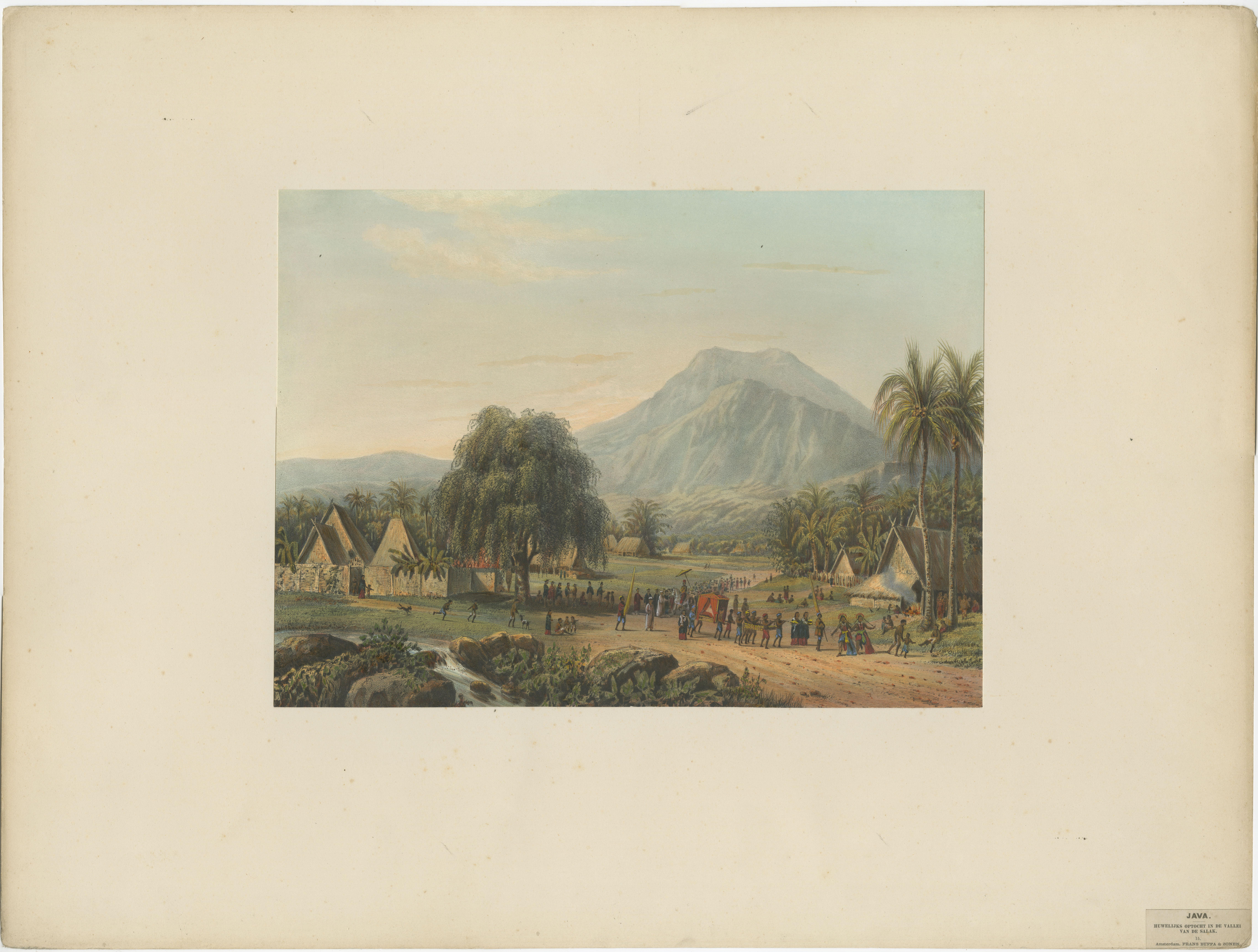 Procession de mariage dans la vallée de Salak, col de Puncak près de Bogor, - Lithographie culturelle de Java, publiée en 1872

Cette chromolithographie festive et culturellement riche capture une procession de mariage traditionnelle javanaise dans