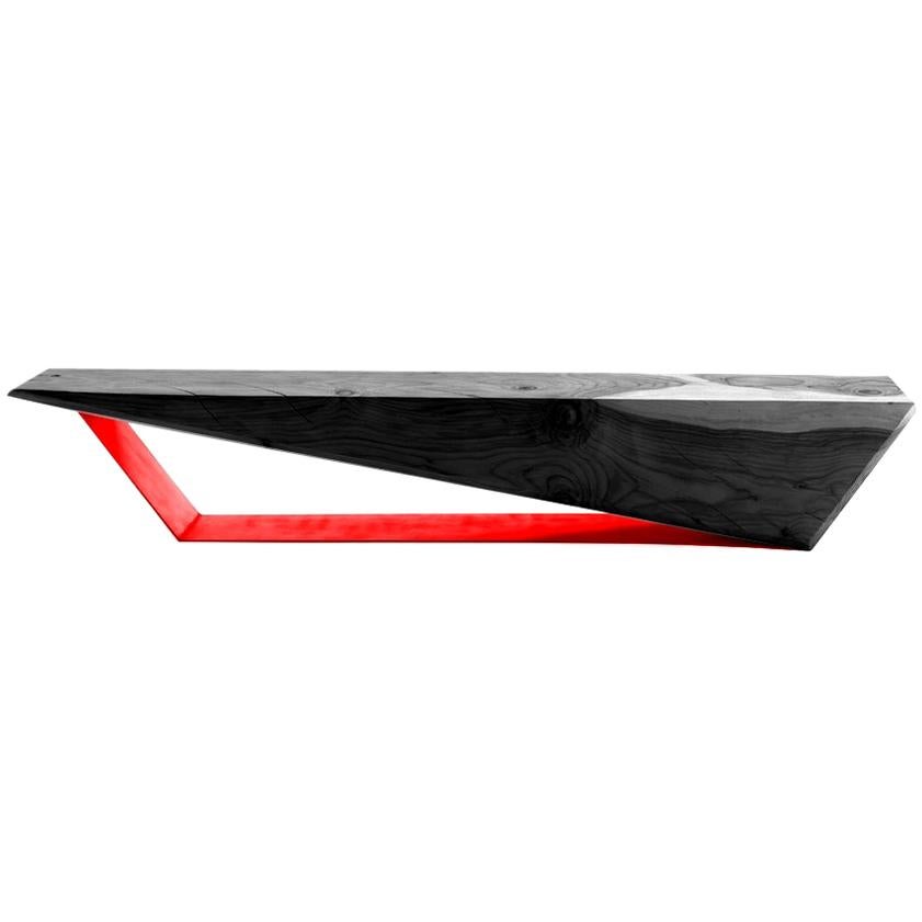 Wedge, Black Cedar Wood Bench with Red Iron Base, Made in Italy For Sale