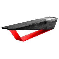 Wedge, Black Cedar Wood Bench with Red Iron Base, Made in Italy