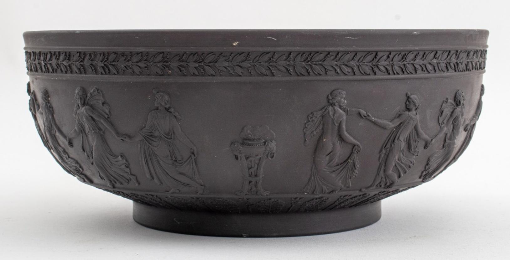 Wedgewood black basalt jasperware fruit bowl, dancing women (the Hours) surround the middle with berry and acanthus leaf bands, impressed 