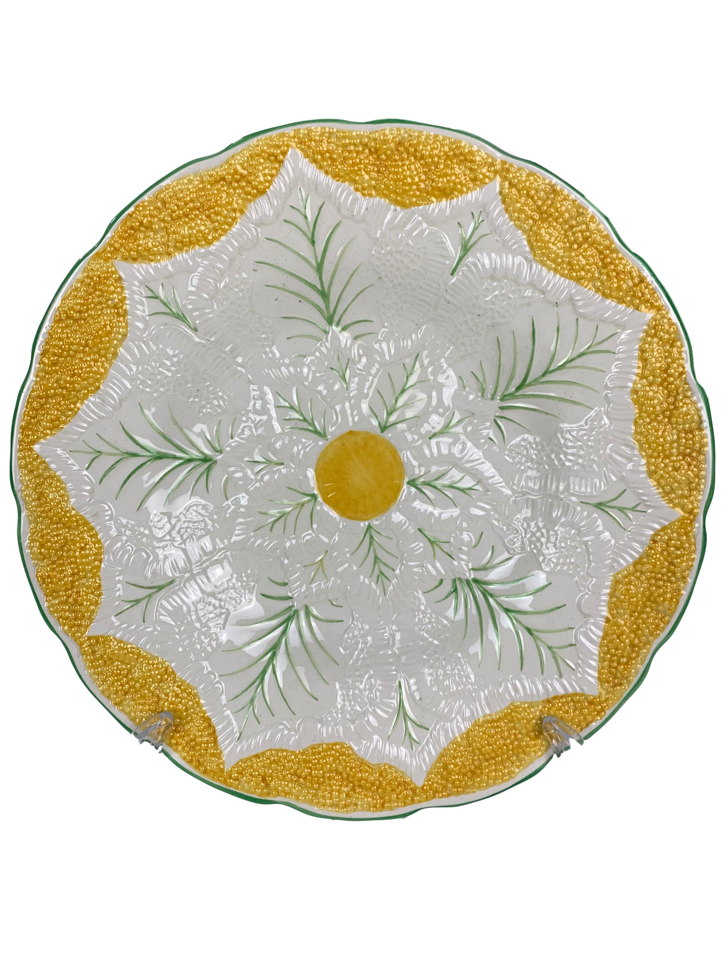 Pair of stunning Majolica plates by Wedgwood in fern pattern and cauliflower texture on outer rim. Stamped on back with 