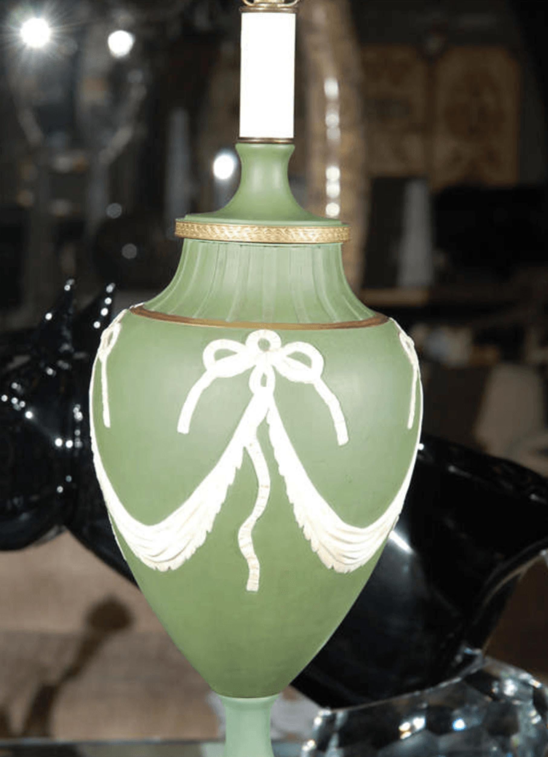 An extraordinary green and gold Wedgewood porcelain Empire style table lamp.