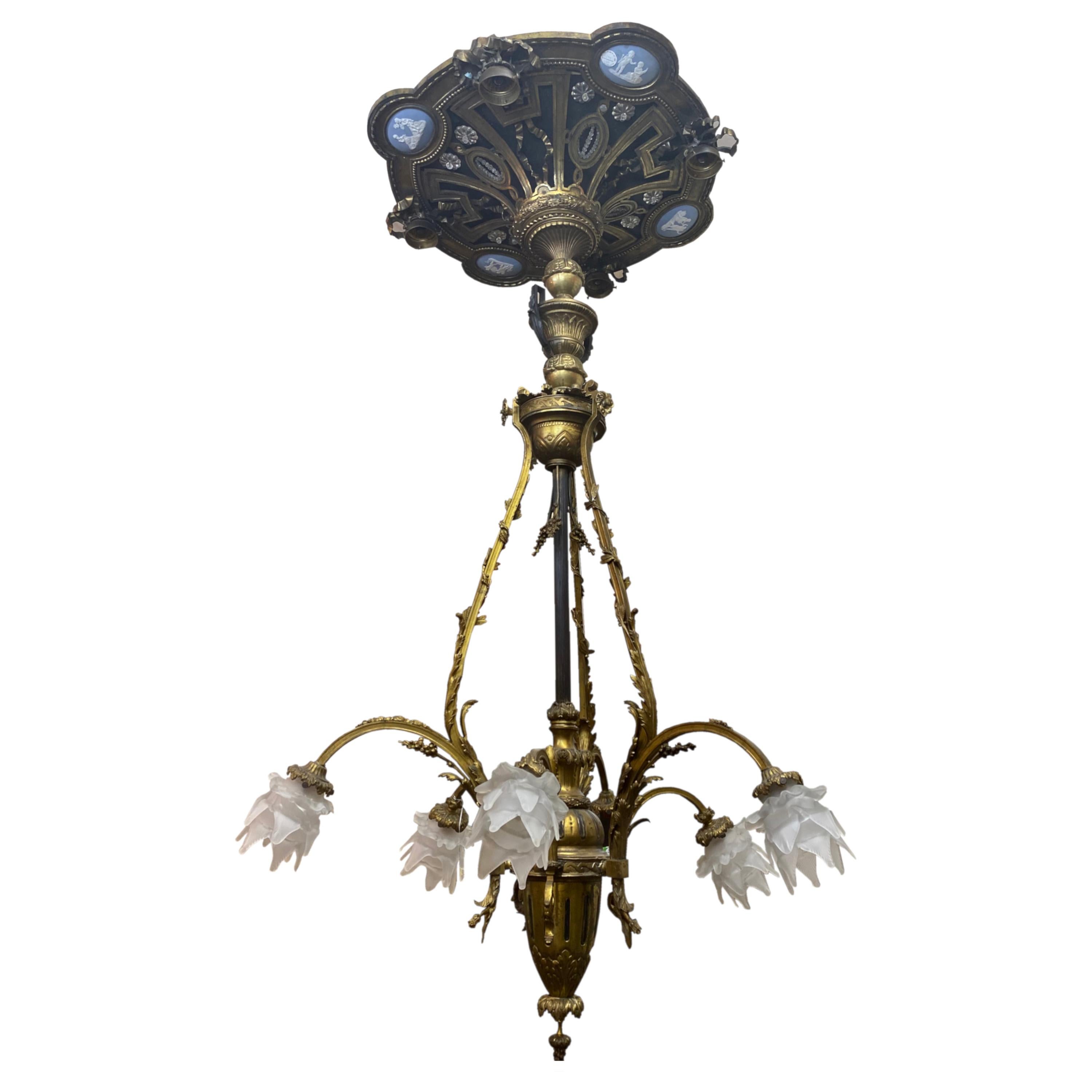 Wedgwood and Gilt Bronze Six-Light Chandelier For Sale