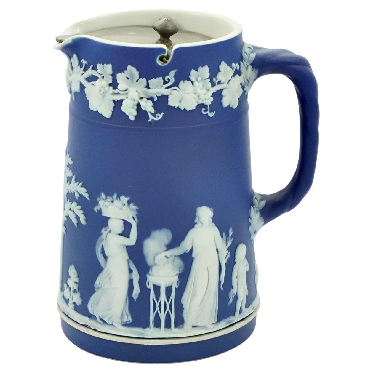 Wedgwood Antique Victorian Dark Cobalt Blue Jasperware Upright Jug Pewter Lid For Sale