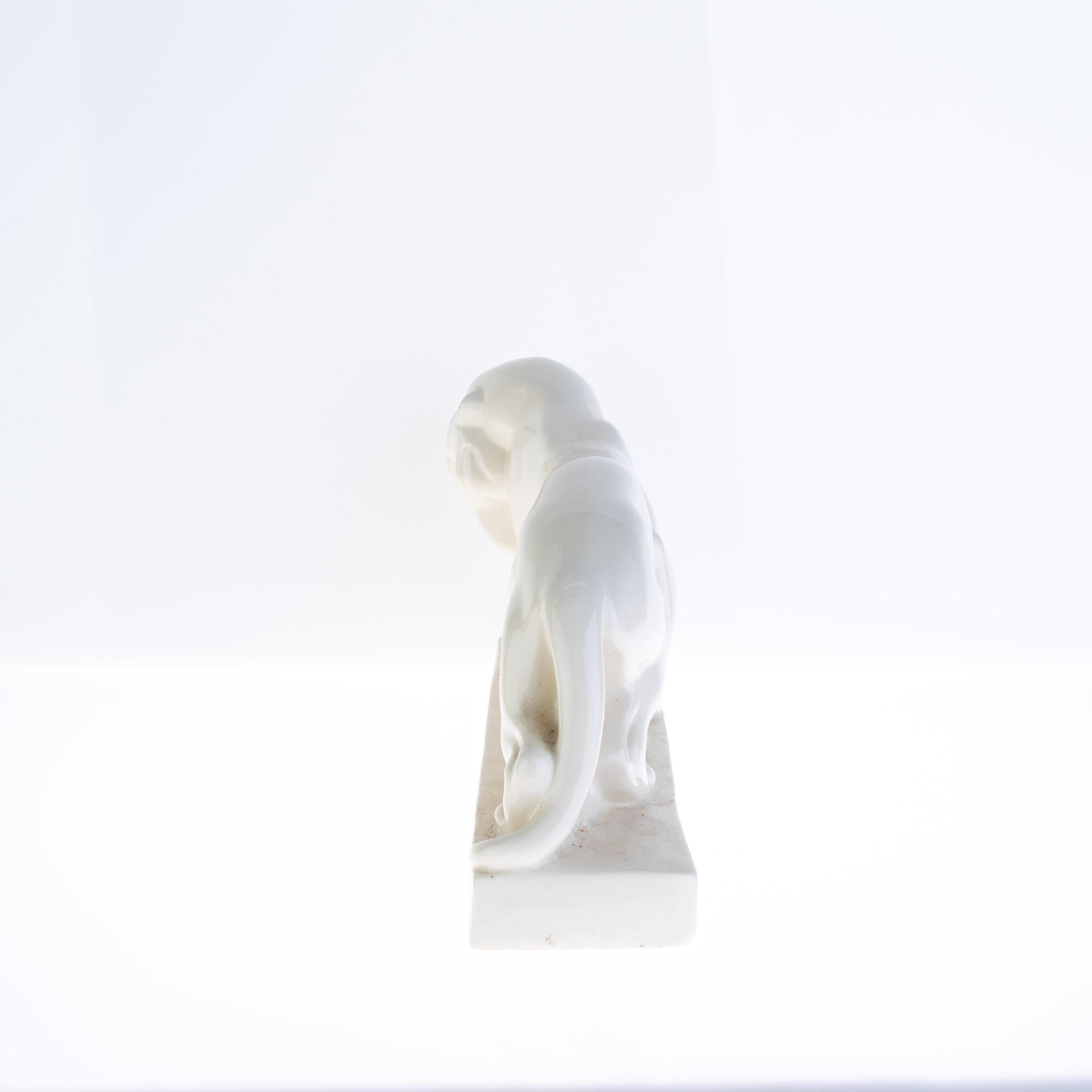 20th Century Wedgwood Art Deco Cream Glazed Tiger with Prey Sculpture Designer John Skeaping For Sale