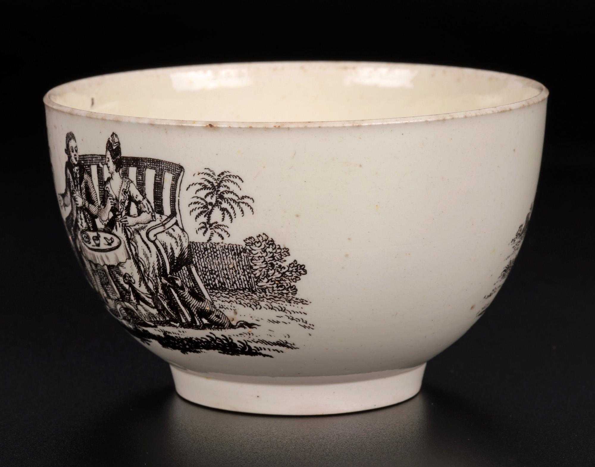 Hand-Crafted Wedgwood Attributed Bat Printed Creamware Teabowl  For Sale