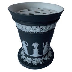 Vintage Wedgwood Basalt Black and White Vase with Flower Frog