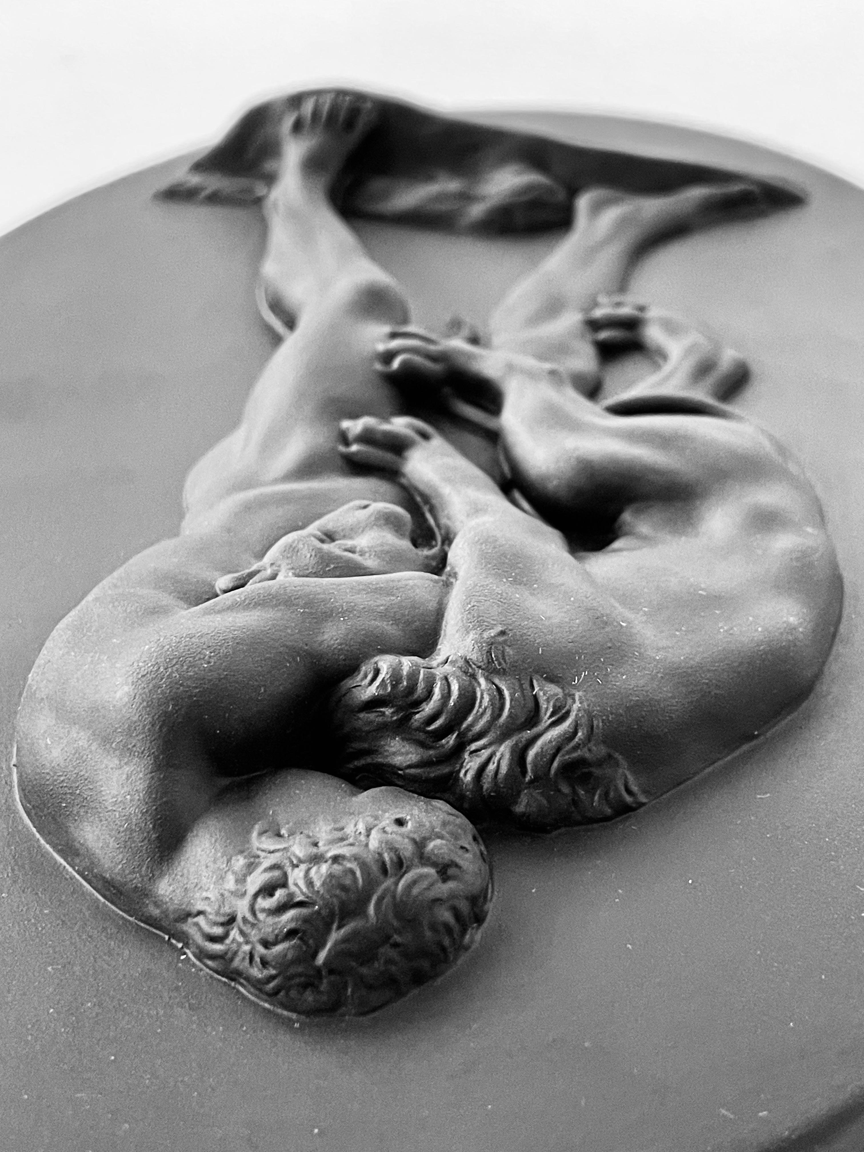 English Wedgwood Basalt Stoneware Hercules Strangling the Nemean Lion Round Tablet