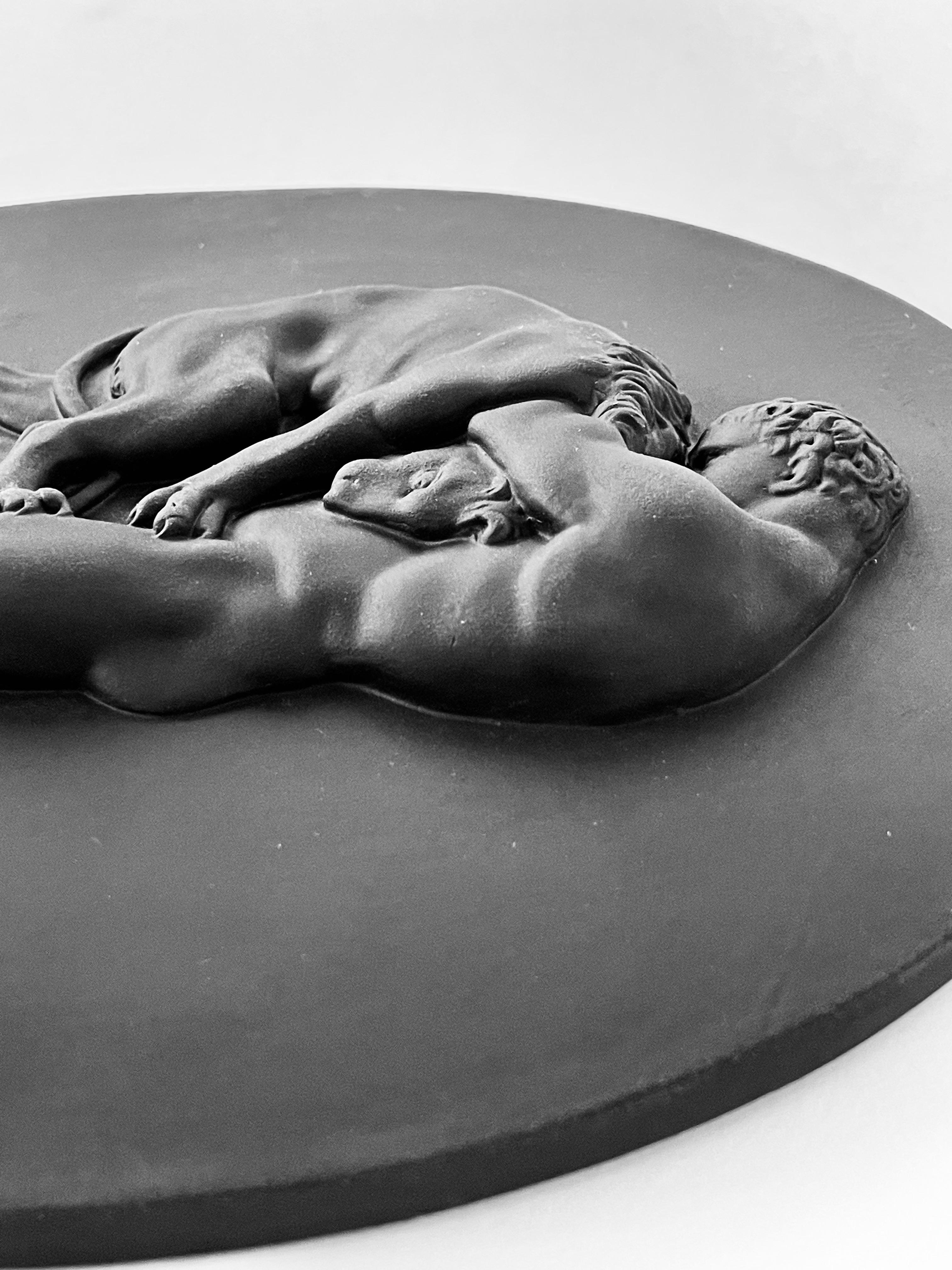 Hand-Crafted Wedgwood Basalt Stoneware Hercules Strangling the Nemean Lion Round Tablet