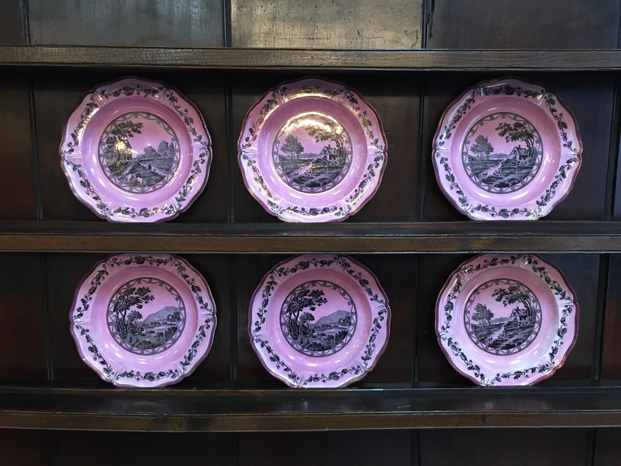 Wedgwood Bewick Etruria Pattern Set of Six English Pink Luster Plates For Sale 3