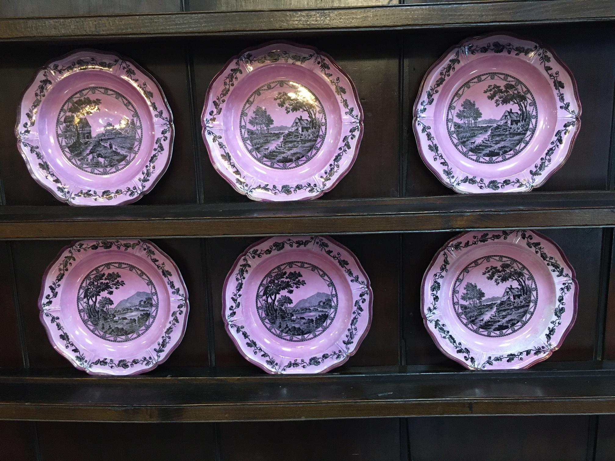 Wedgwood Bewick Etruria Pattern Set of Six English Pink Luster Plates For Sale 5