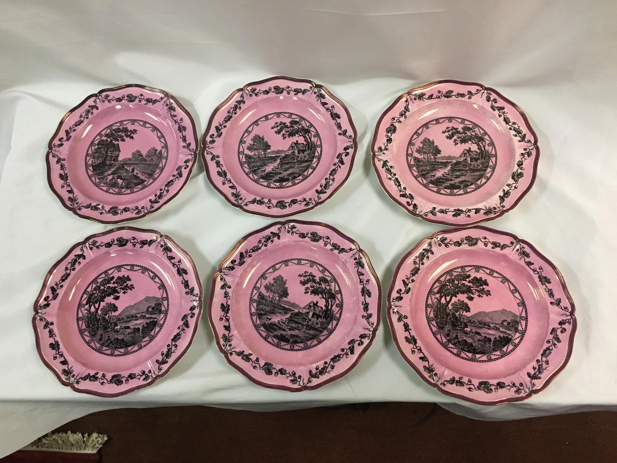 20th Century Wedgwood Bewick Etruria Pattern Set of Six English Pink Luster Plates