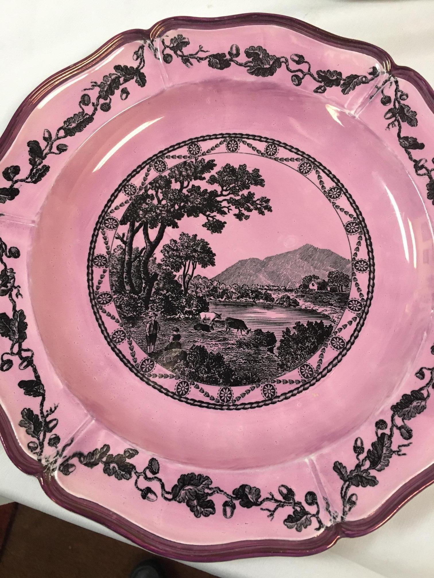 Porcelain Wedgwood Bewick Etruria Pattern Set of Six English Pink Luster Plates For Sale