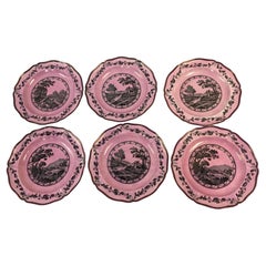 Wedgwood Bewick Etruria Pattern Set of Six English Pink Luster Plates