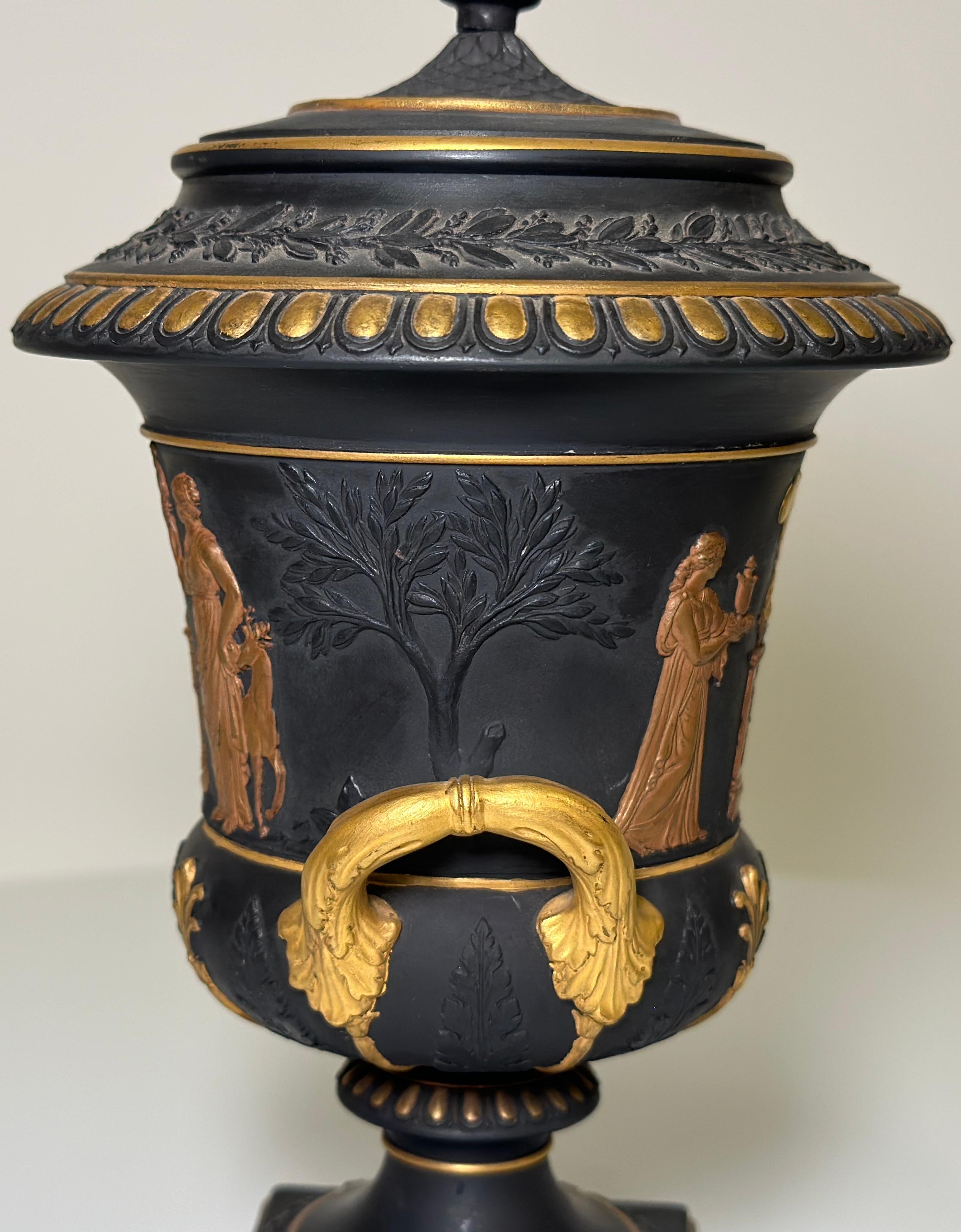 Neoclassical Wedgwood Black and Gilt Basalt Covered Potpourri Vase, circa 1870 For Sale