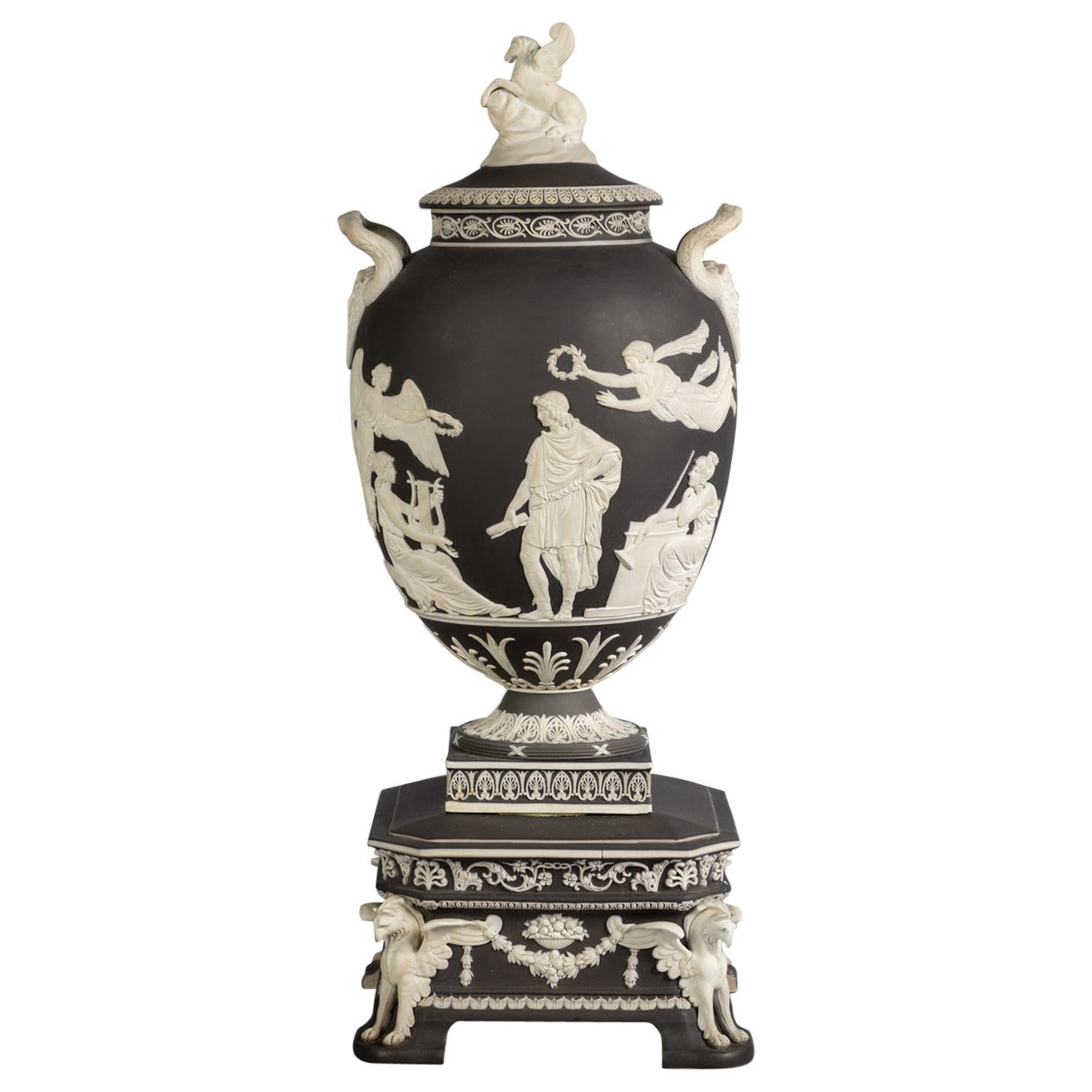 Wedgwood Black and White Jasper "Pegasus" Covered Vase, 19th Century For Sale