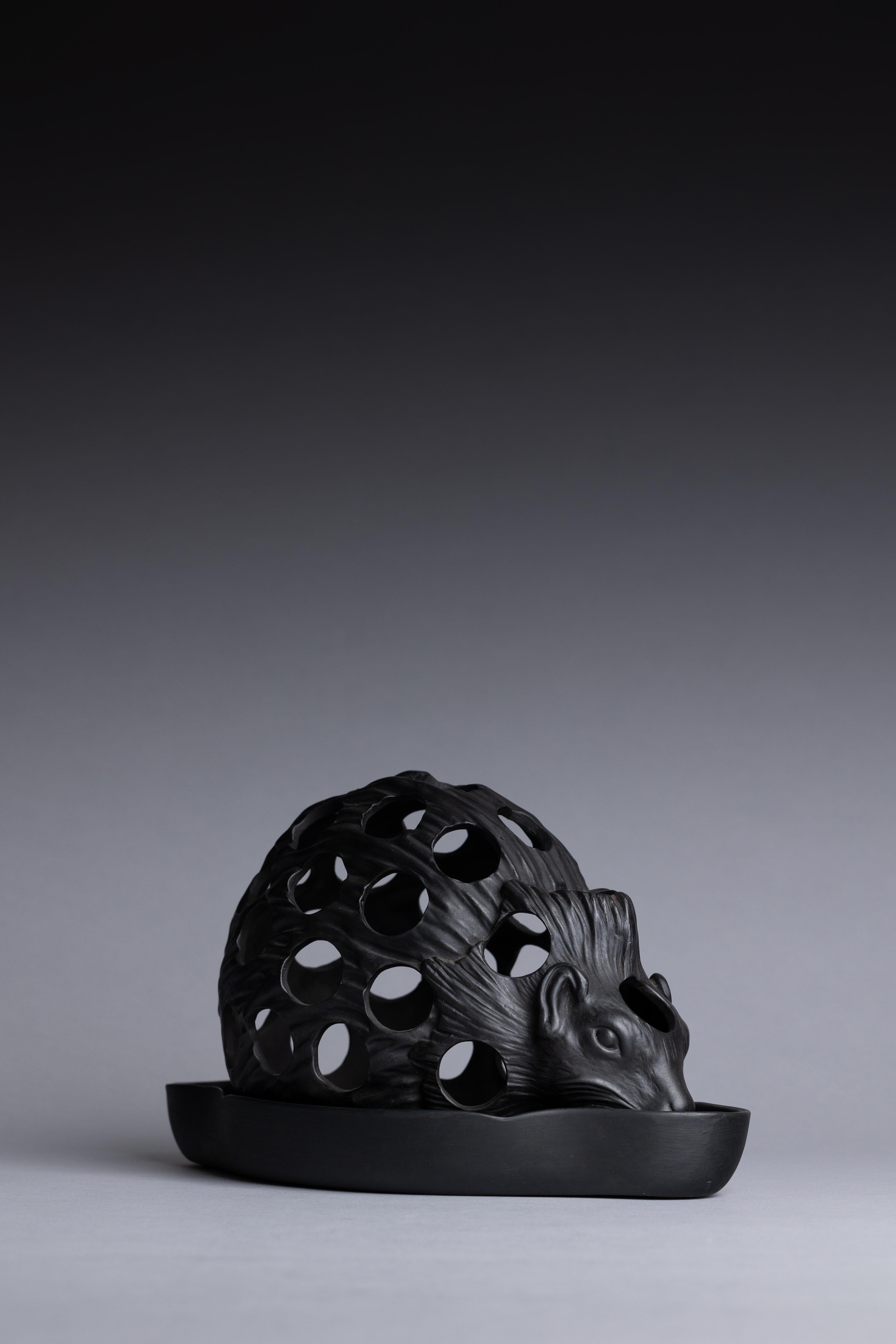 Un pot à bulbe en basalte noir moulé en forme de hérisson, fabriqué par Wedgwood au milieu du 19e siècle.

Finement moulé comme un petit hérisson plein de vie, cet objet unique aurait été utilisé pour faire germer des bulbes : le plateau inférieur