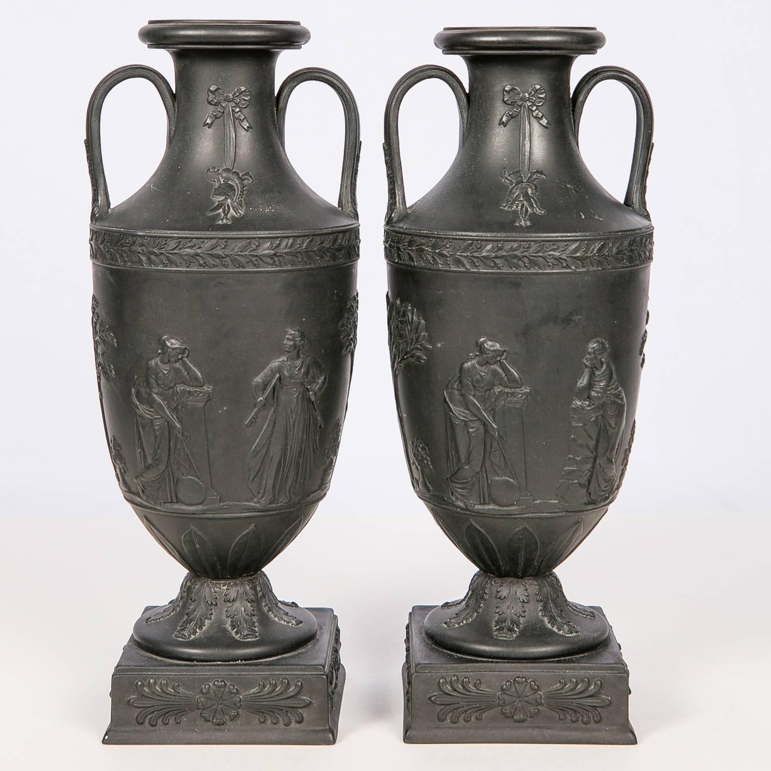  Wedgwood Black Basalt Mantle Vases, Pair 1