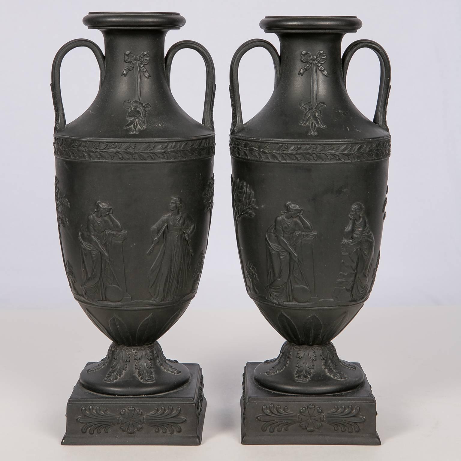 Neoclassical  Wedgwood Black Basalt Mantle Vases, Pair