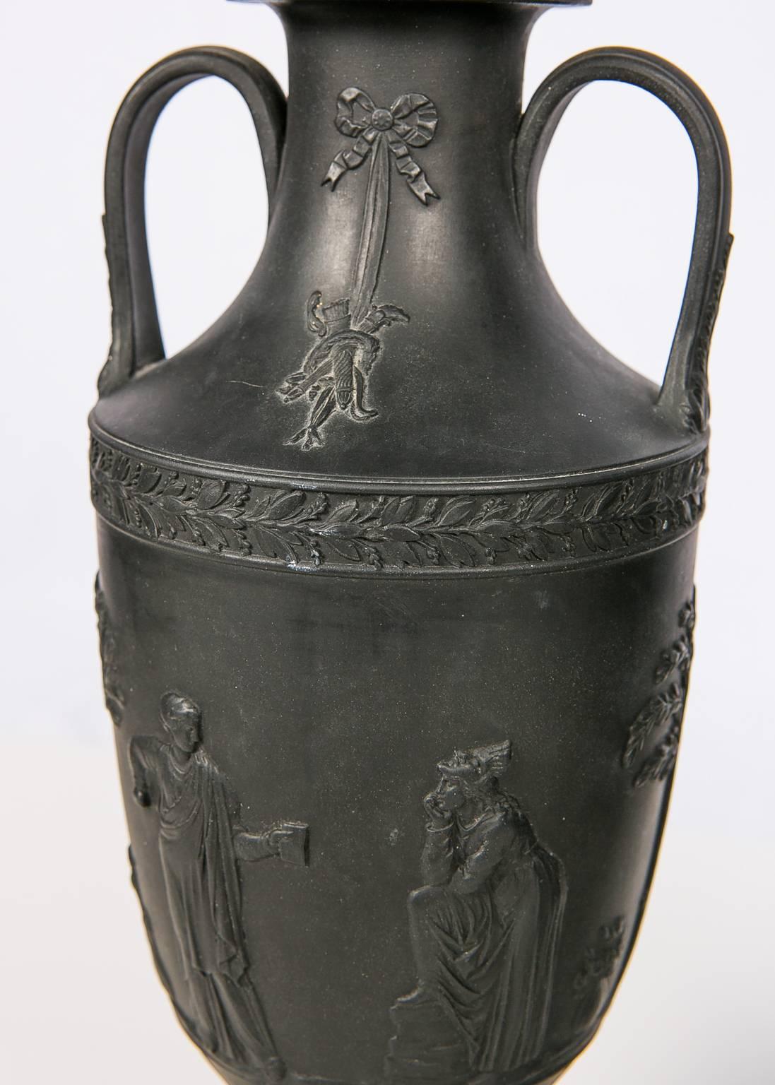 Molded  Wedgwood Black Basalt Mantle Vases, Pair