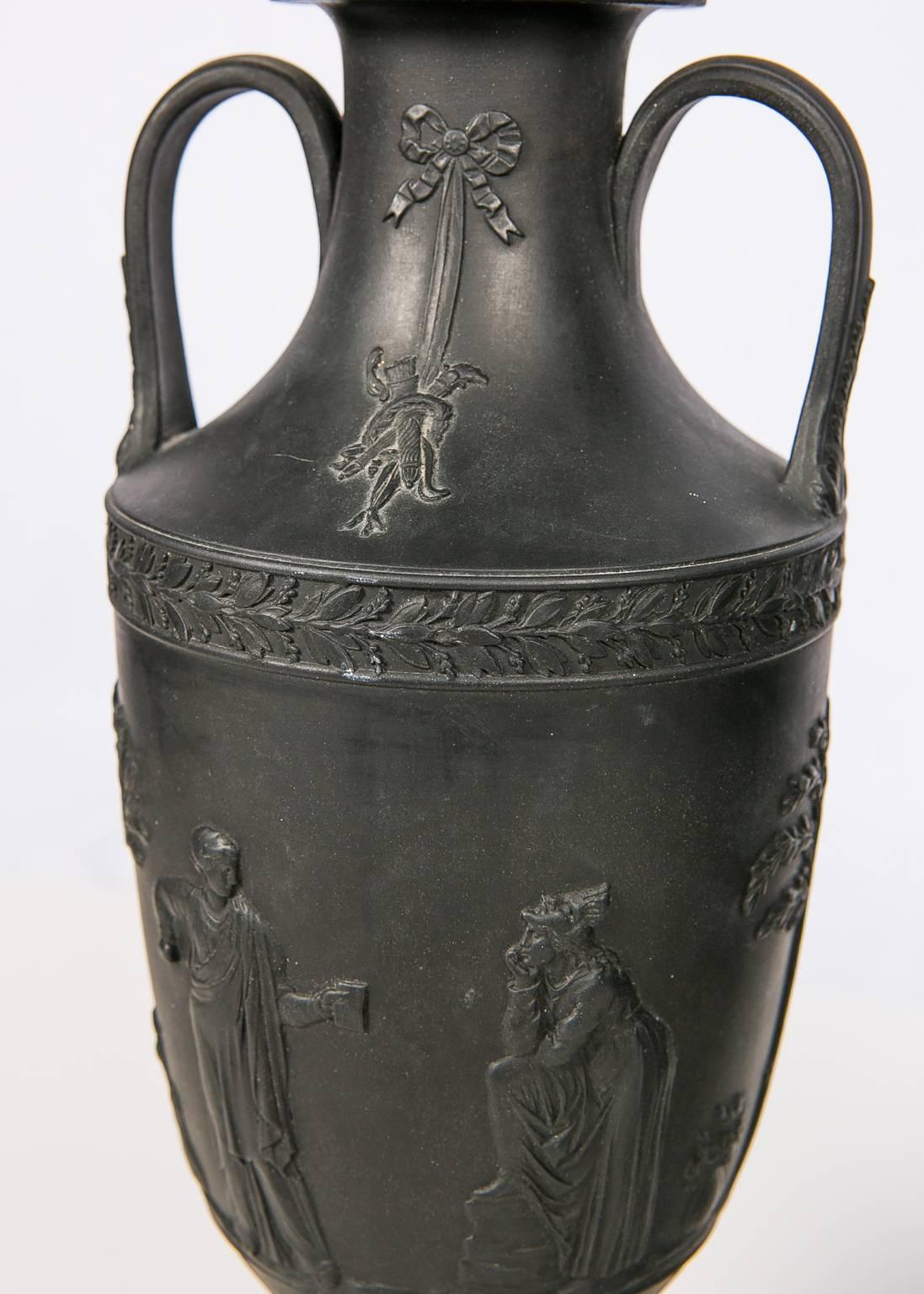 Molded Wedgwood Black Basalt Mantle Vases, Pair