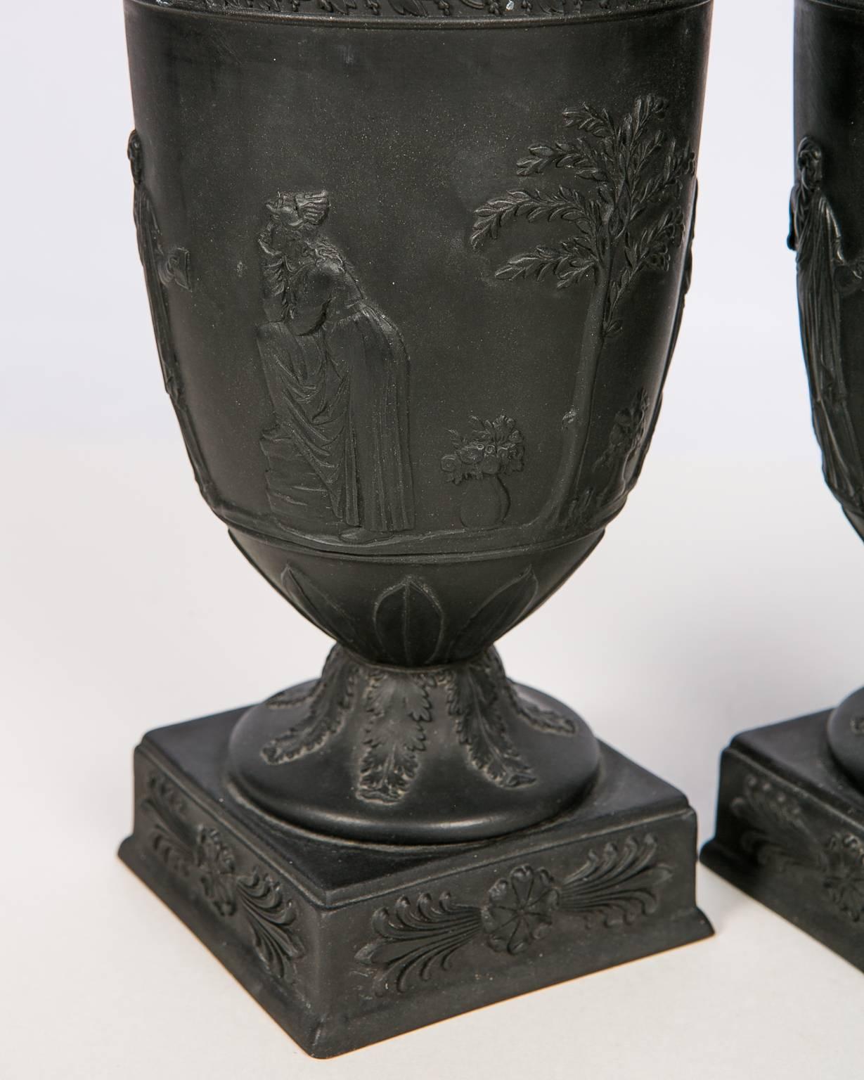  Wedgwood Black Basalt Mantle Vases, Pair In Excellent Condition In Katonah, NY
