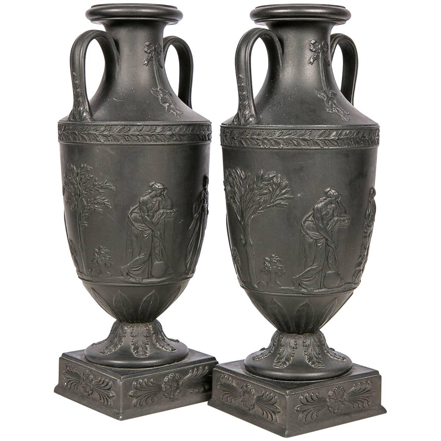 Wedgwood Black Basalt Mantle Vases, Pair