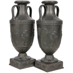 Vintage Wedgwood Black Basalt Mantle Vases, Pair