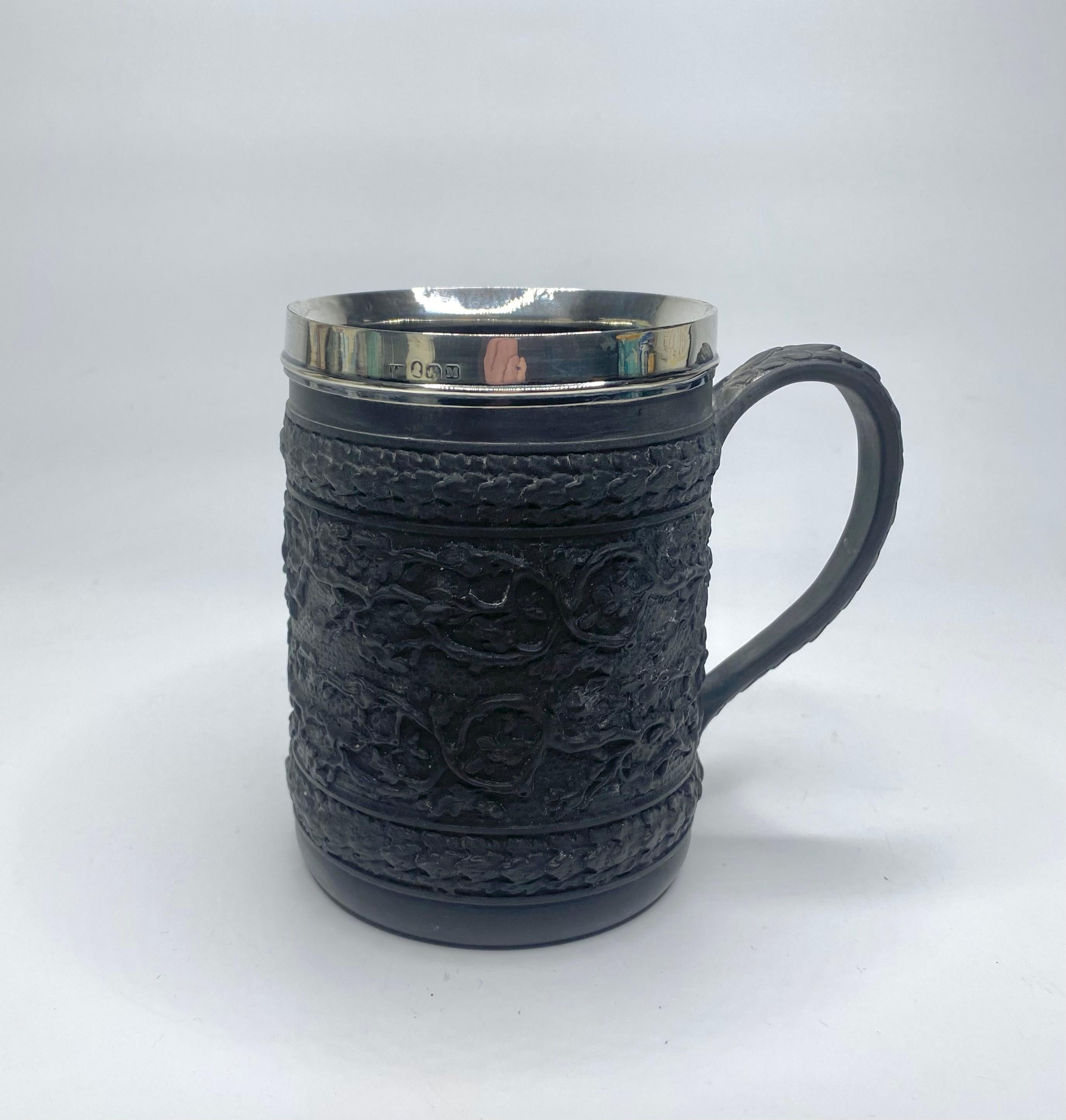 Georgian Wedgwood black basalt mug, silver mounted, 1808.