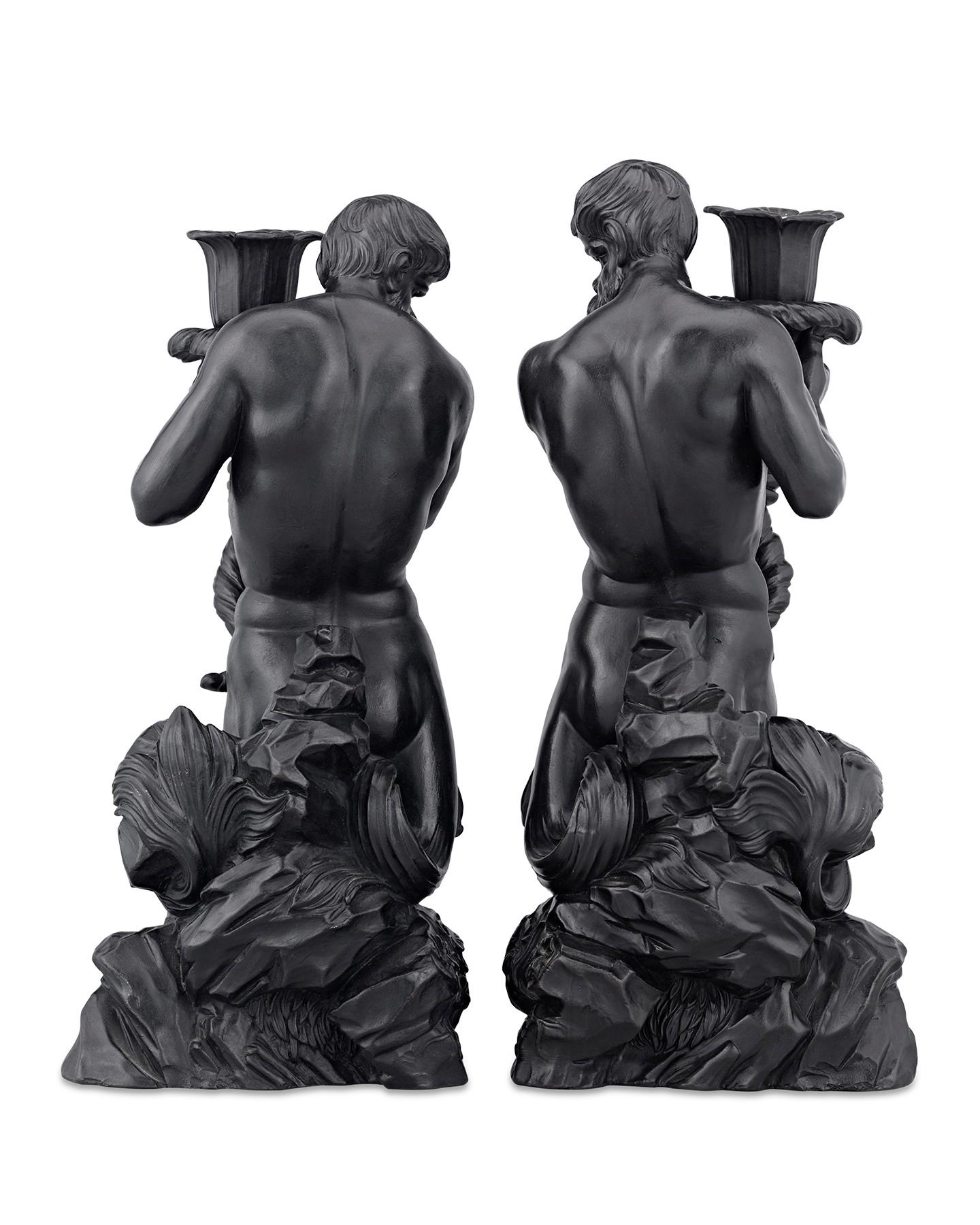 Neoclassical Wedgwood Black Basalt Triton Candlesticks