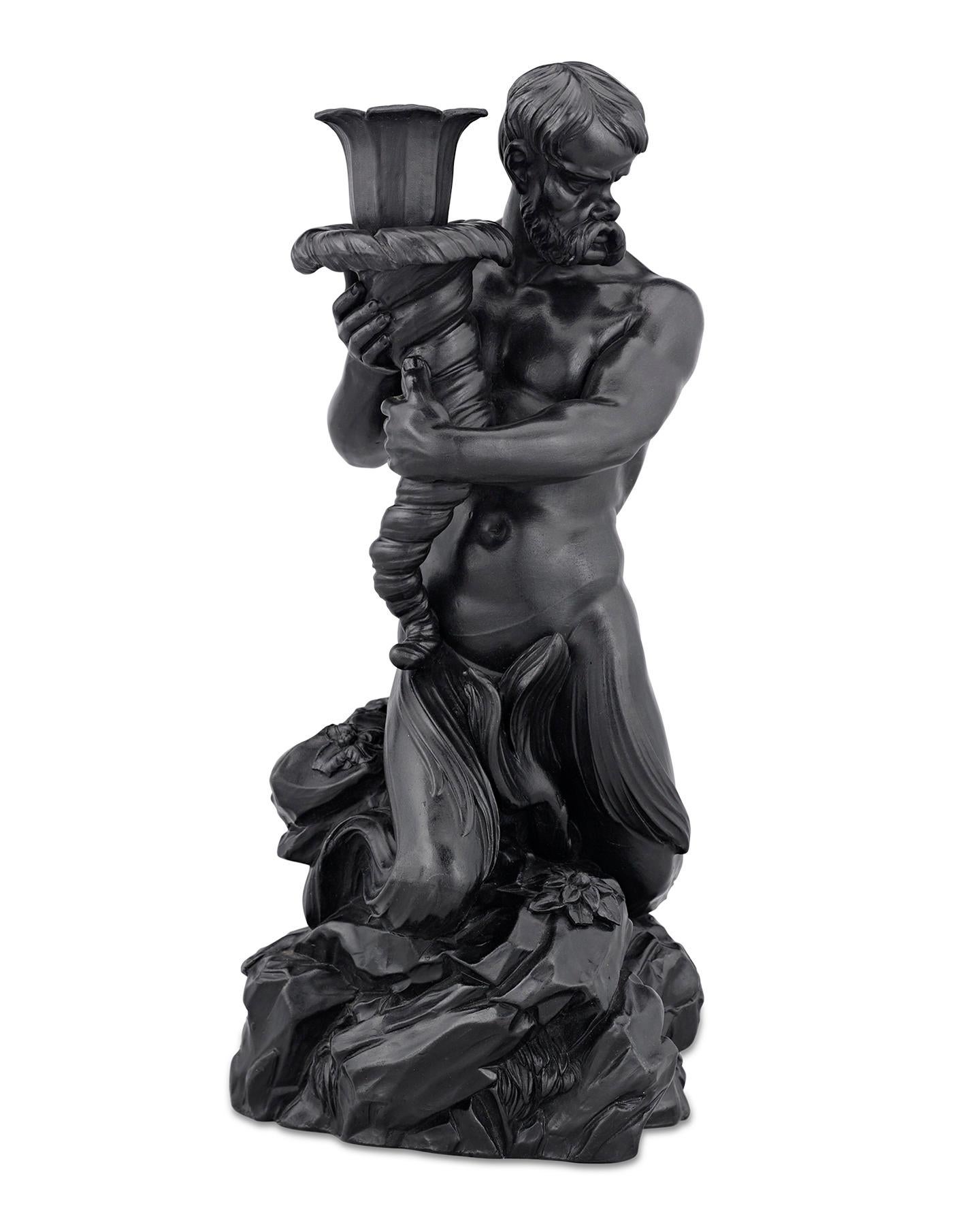 English Wedgwood Black Basalt Triton Candlesticks
